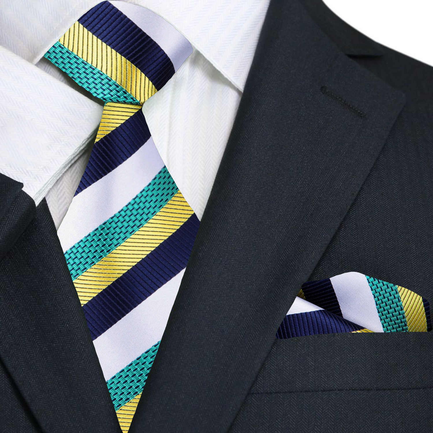 Striped tie and pocket square set with a black suit jacket