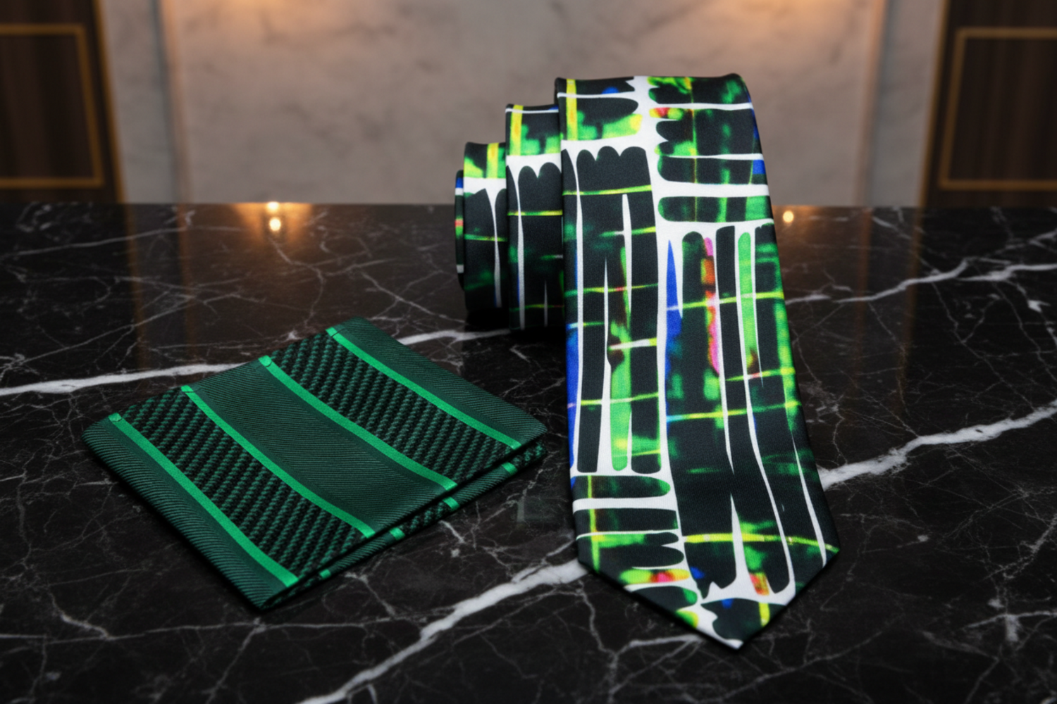 Alt view: White, Green Scribbles Necktie and Green Square