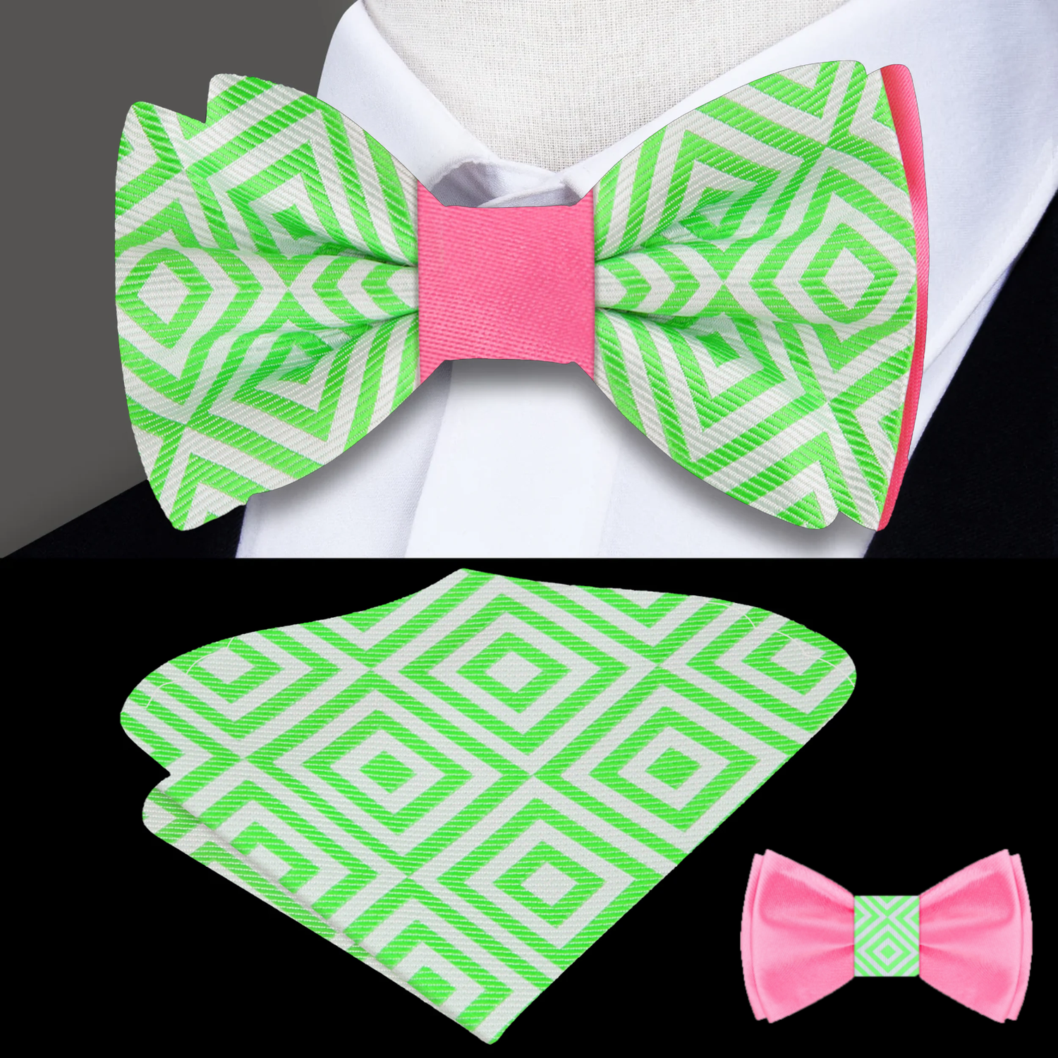 Main: Green, White, Pink Geometric Bow Tie and Pocket Square