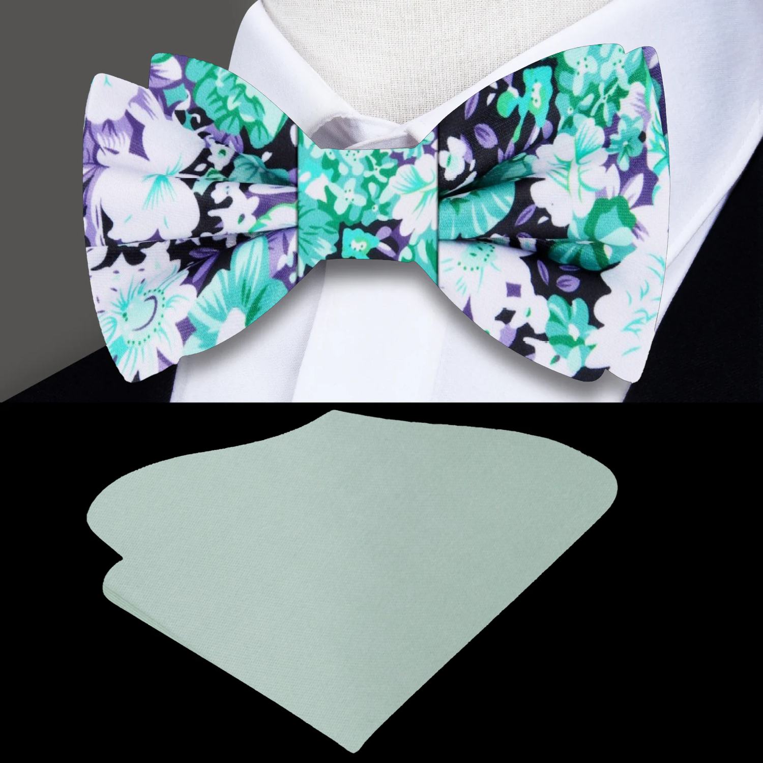 White, Green, Purple Floral Bow Tie and Pistachio Green Square 