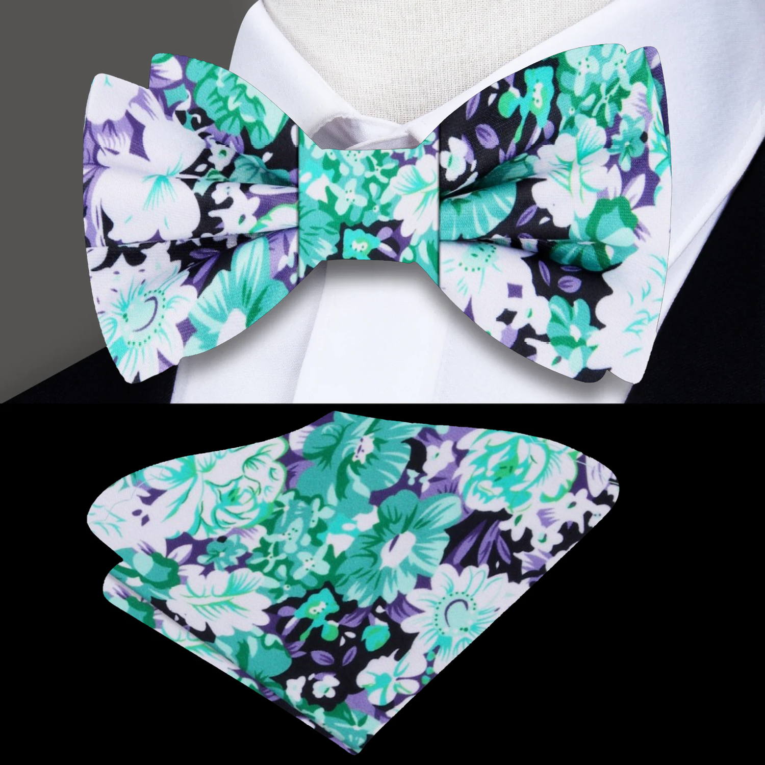 White, Green, Purple Floral Bow Tie and  Square 