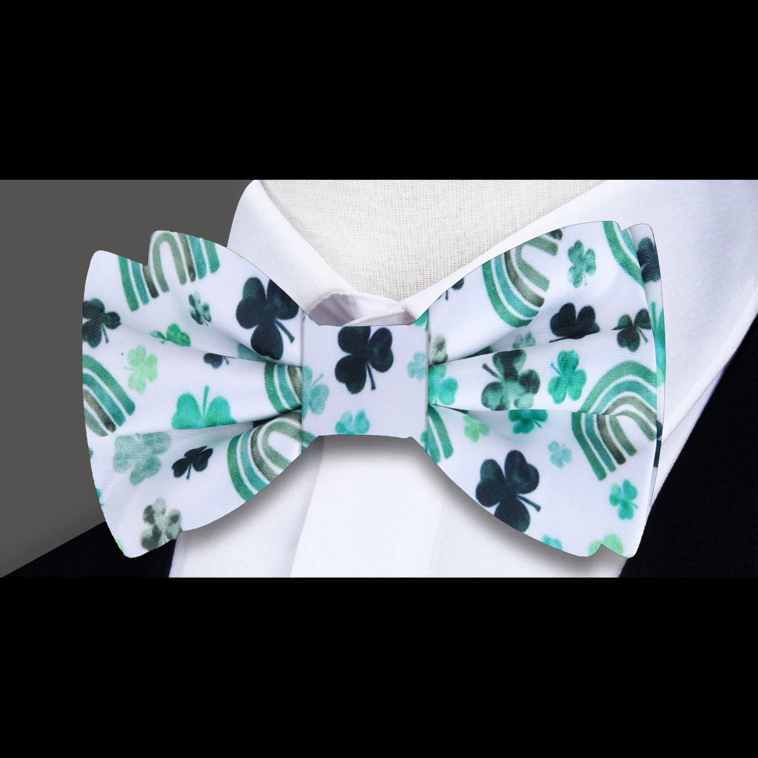 White with Shades of Green Clovers and Rainbows Bow Tie 