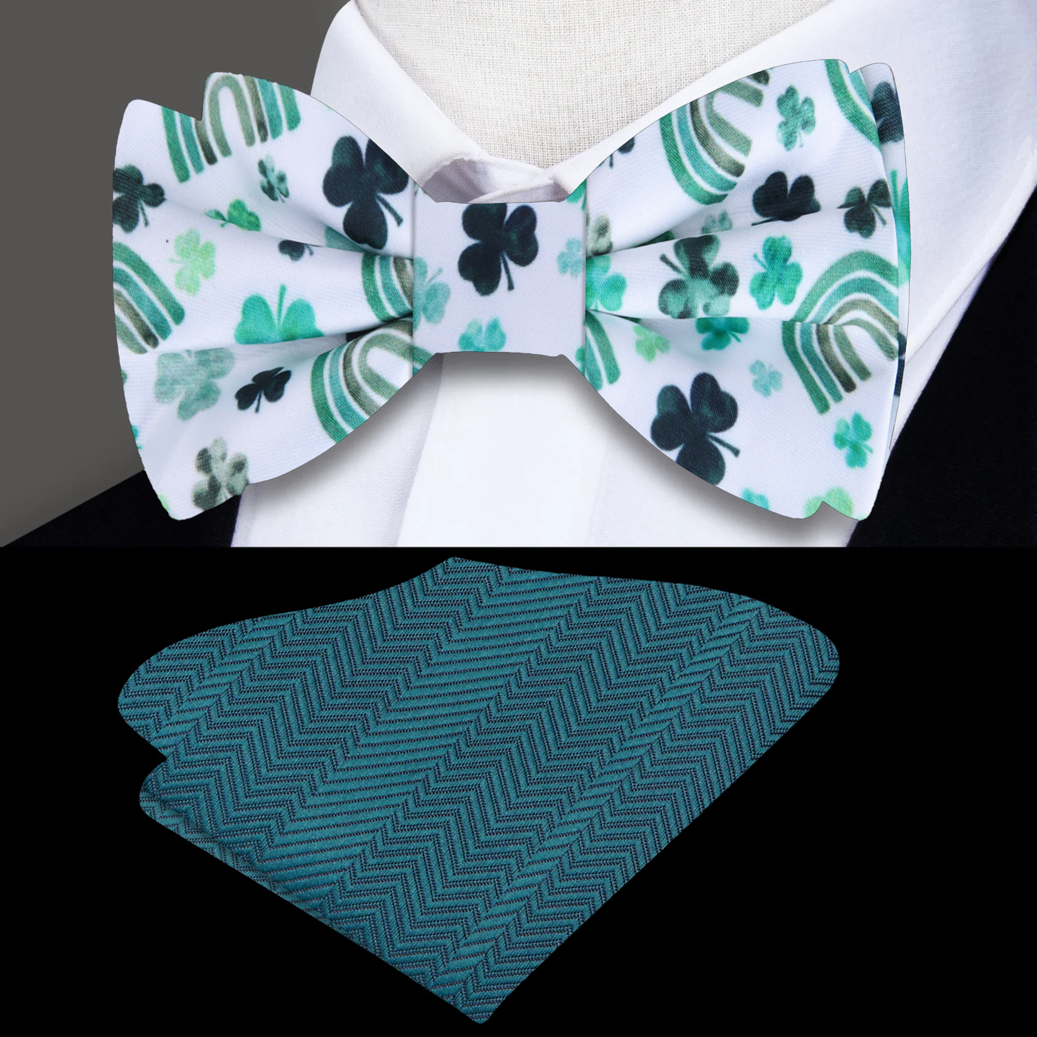 White with Shades of Green Clovers and Rainbows Bow Tie and Green Square
