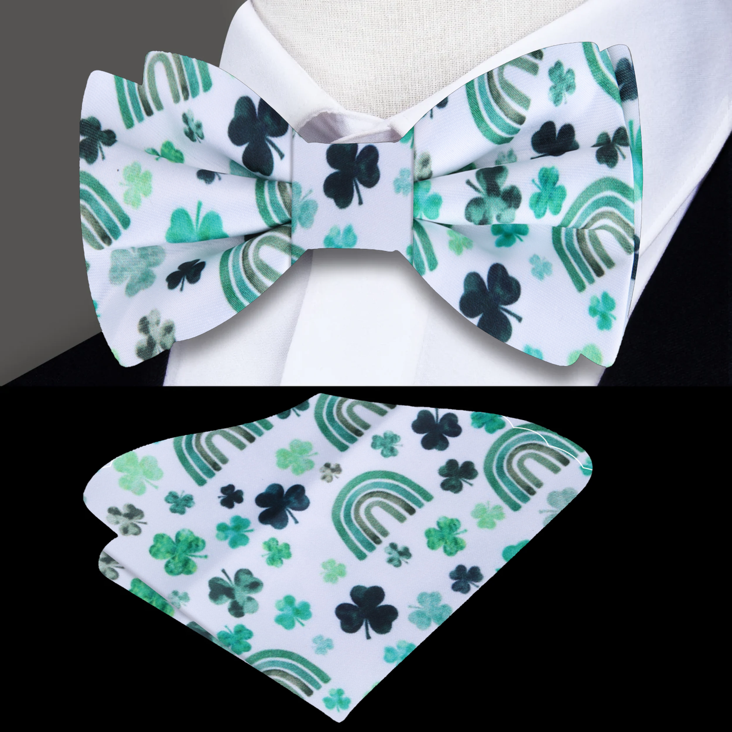 White with Shades of Green Clovers and Rainbows Bow Tie and Square