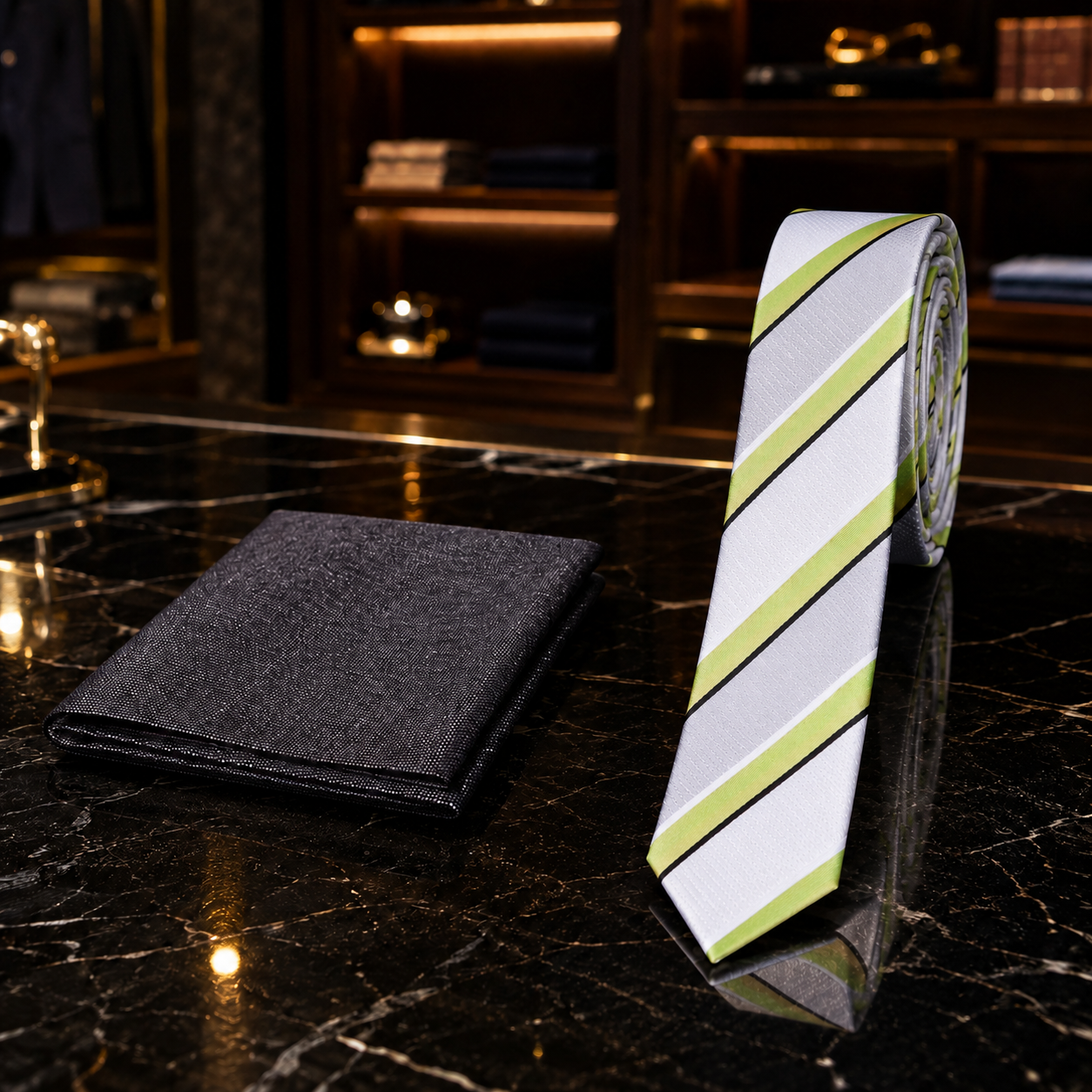 A men's necktie with diagonal white, lime green, and black stripes stands next to a folded dark charcoal gray pocket square on a polished black marble countertop.