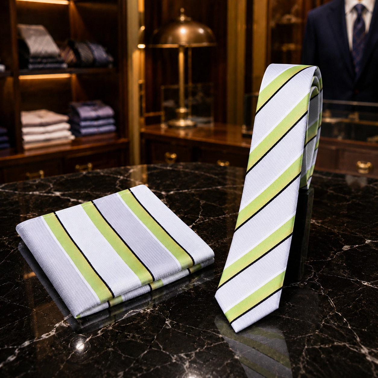 A striped necktie and matching pocket square set displayed on a dark marble countertop in a luxury retail setting. The fabric features diagonal stripes of light green, white, and black.