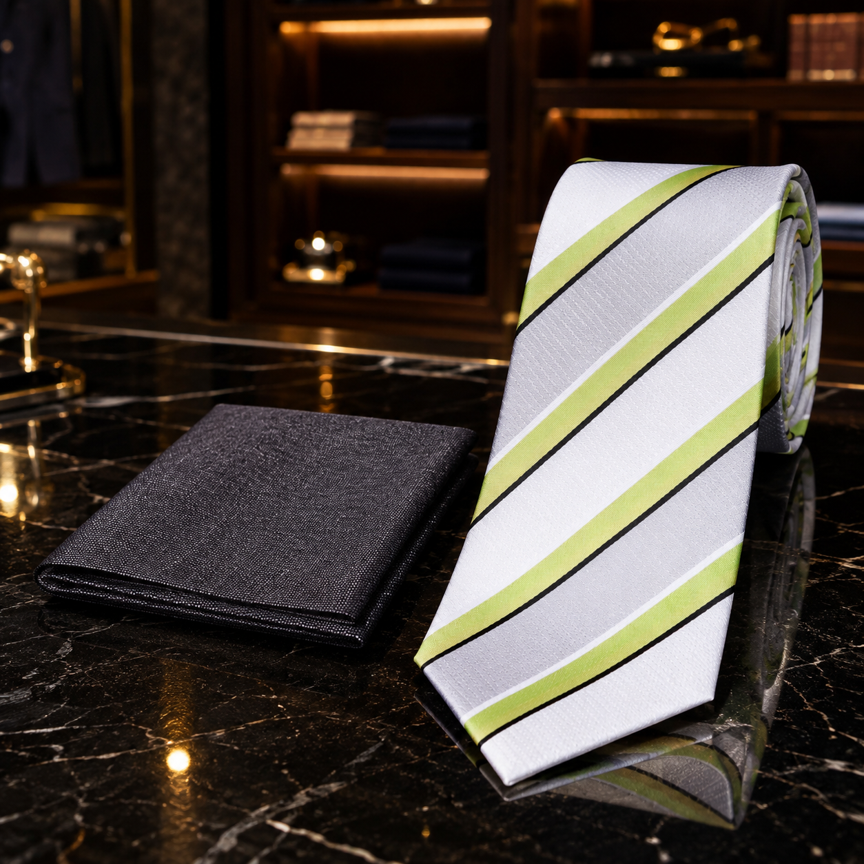 A men's necktie and matching pocket square set displayed on a dark marble surface. The tie features diagonal stripes in white, light green, and black, while the matching pocket square is solid dark gray.