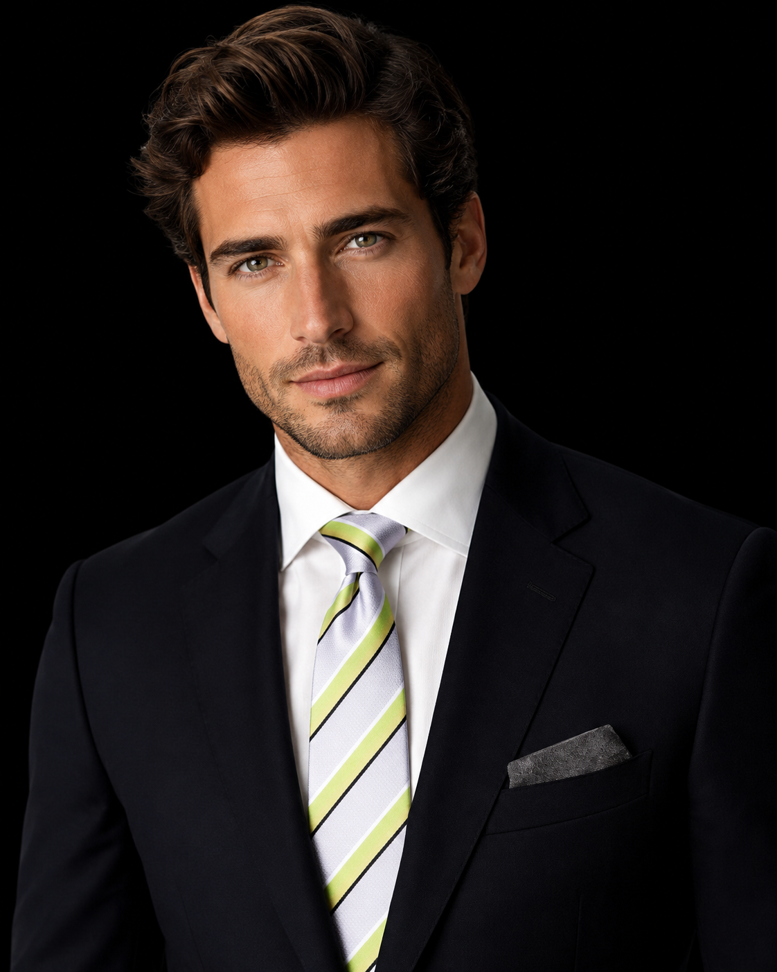 A man wearing a dark navy suit jacket, white dress shirt, and a white tie with lime green diagonal stripes, set against a solid black background.