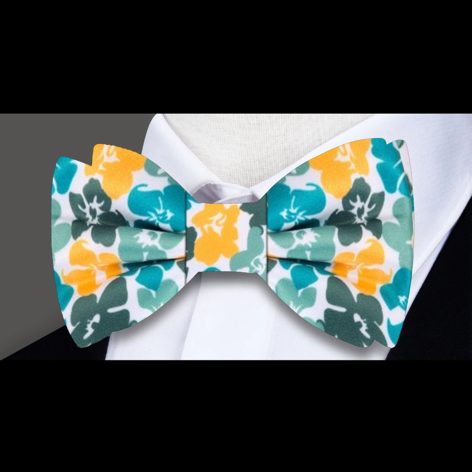 White Green Yellow Hibiscus Bow Tie