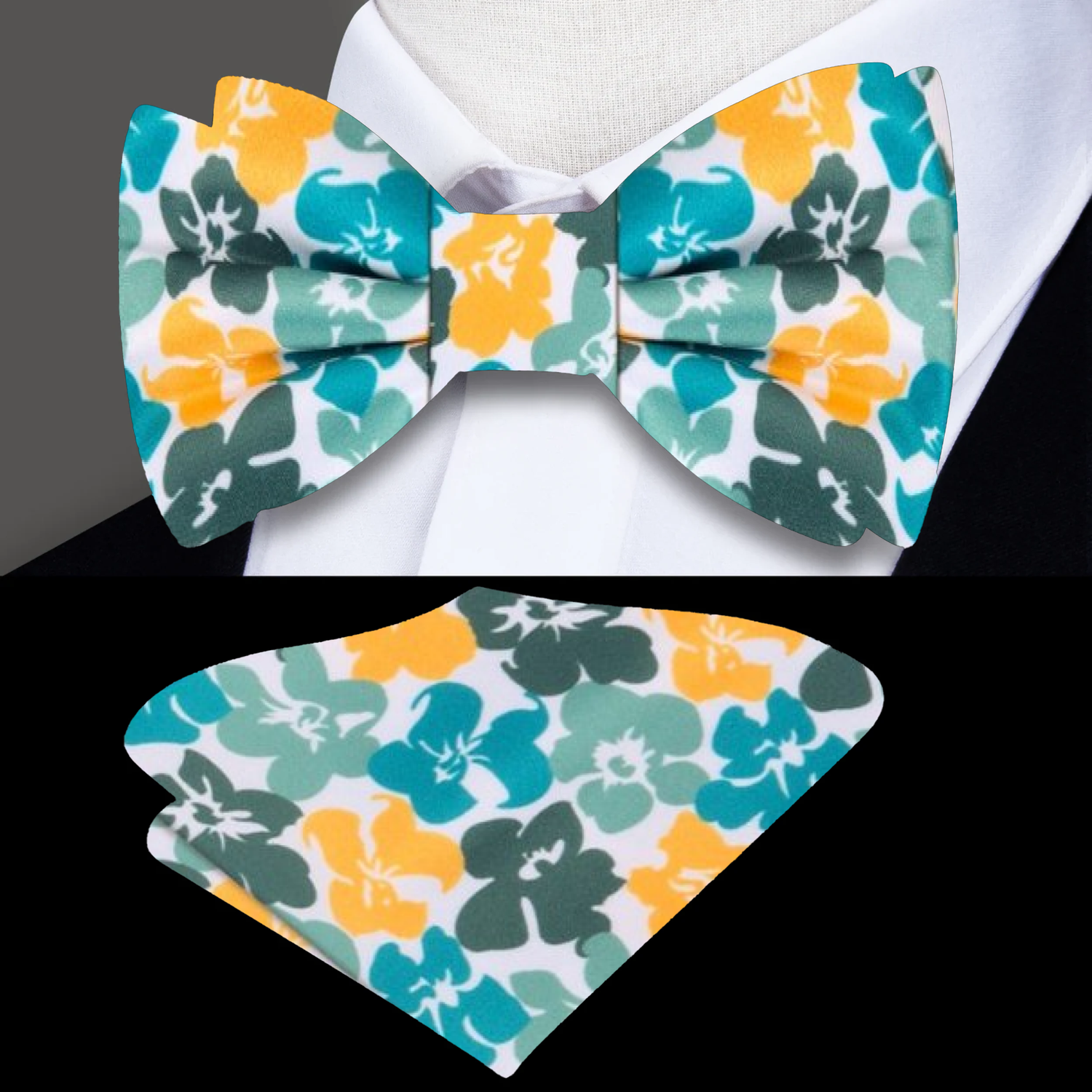 White Green Yellow Hibiscus Bow Tie and Square