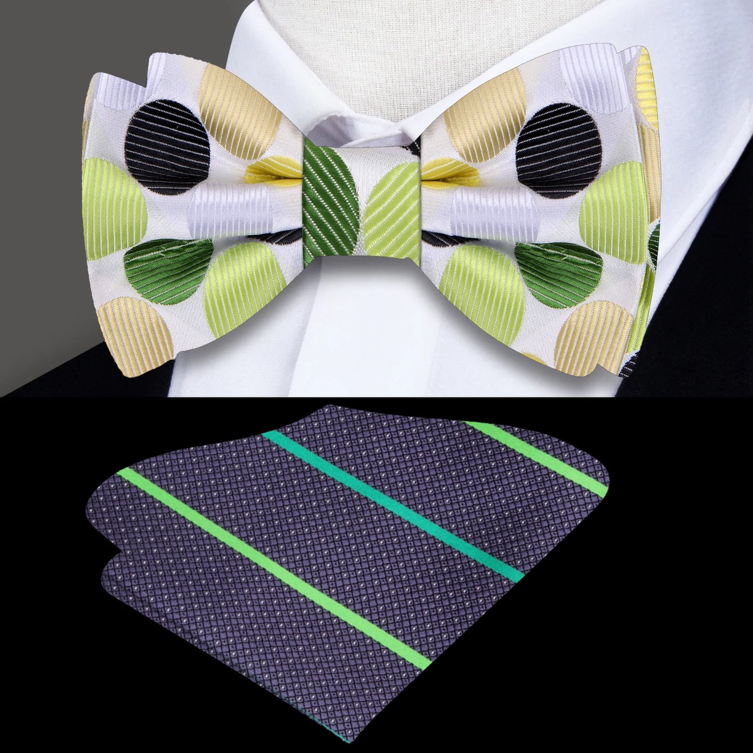 Main View: White, Green, Yellow Polka Dot Bow Tie and Accenting Grey, Green Stripe Pocket Square