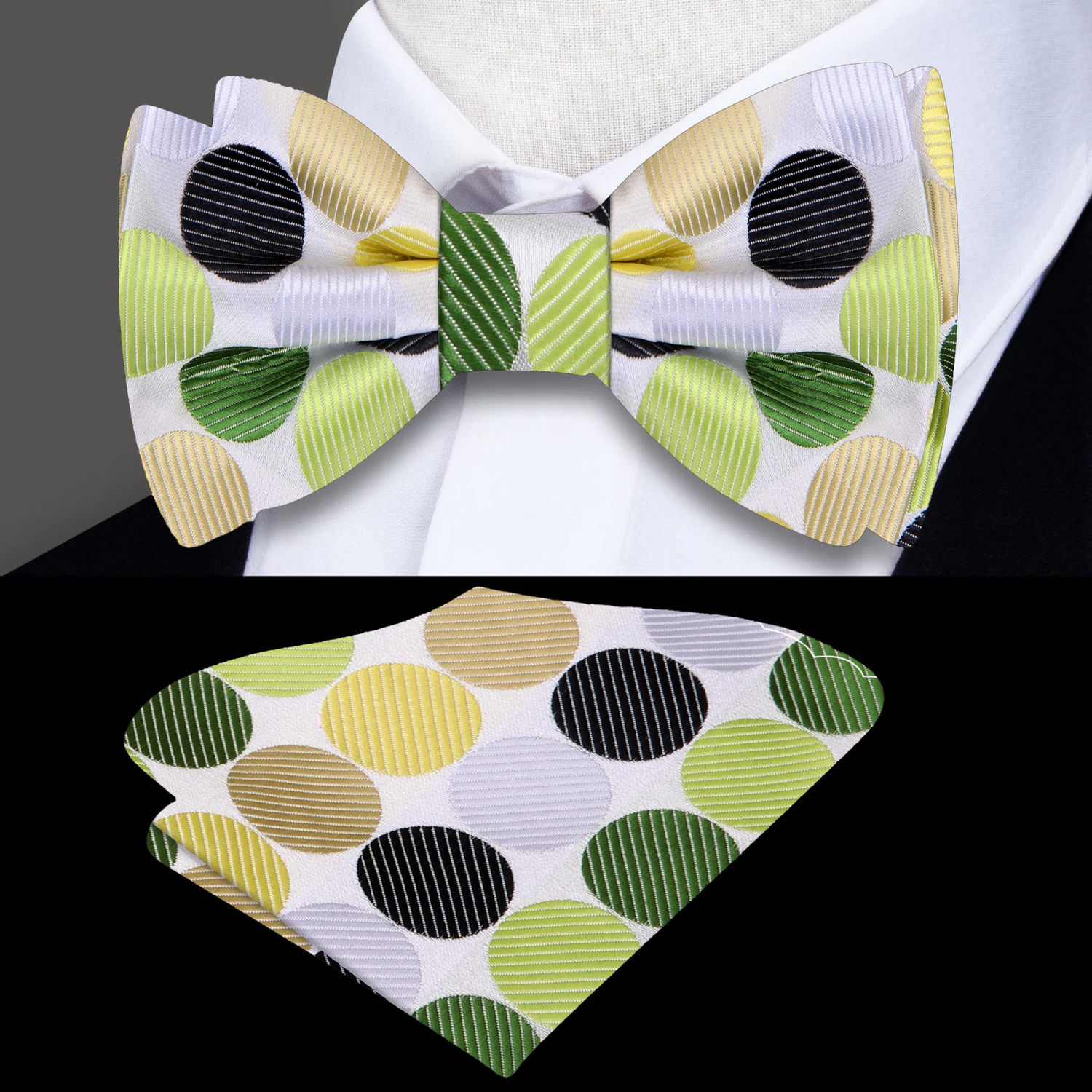 Main View: White, Green, Yellow Polka Dot Bow Tie and Pocket Square