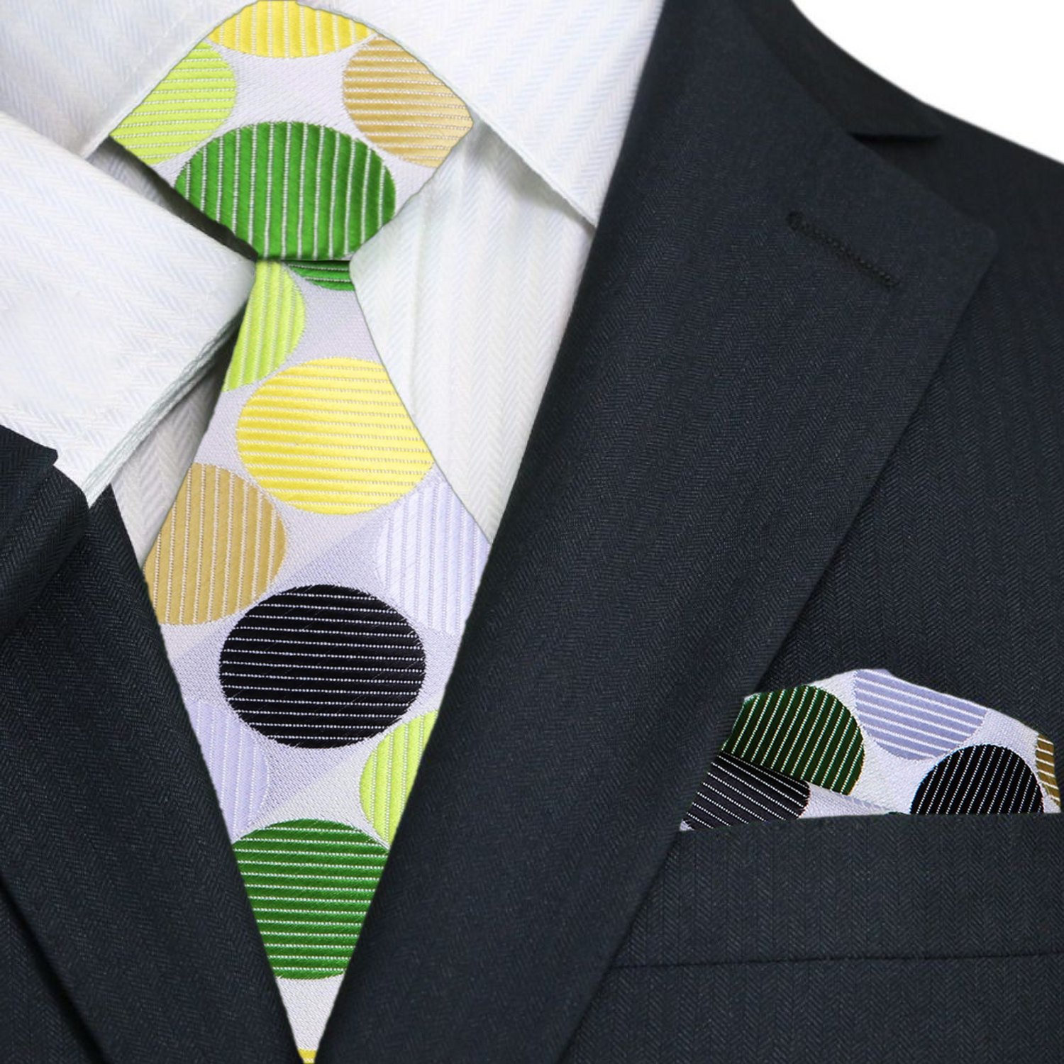 White, Green, Light Green Polka Tie and Pocket Square
