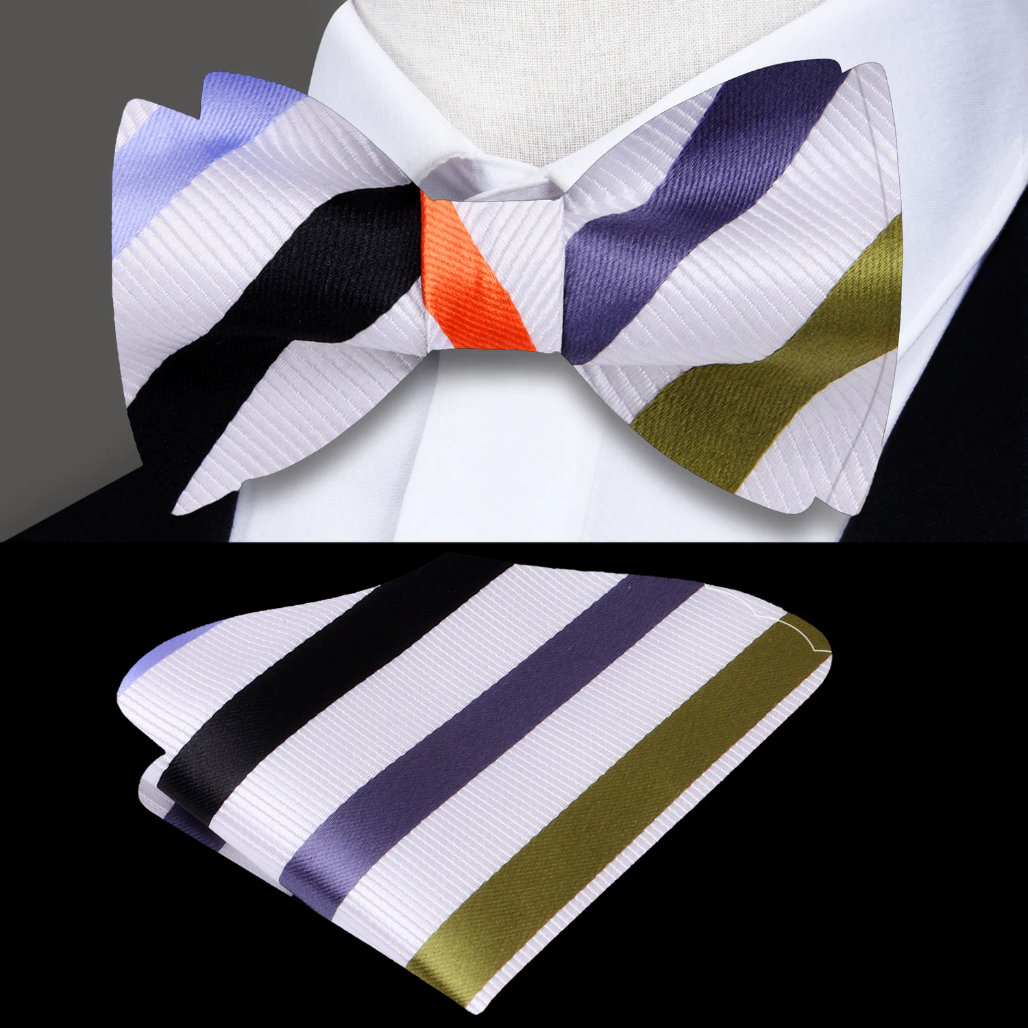 A White, Olive, Grey, Black, Orange Stripe Pattern Silk Self-Tie Bow Tie and square