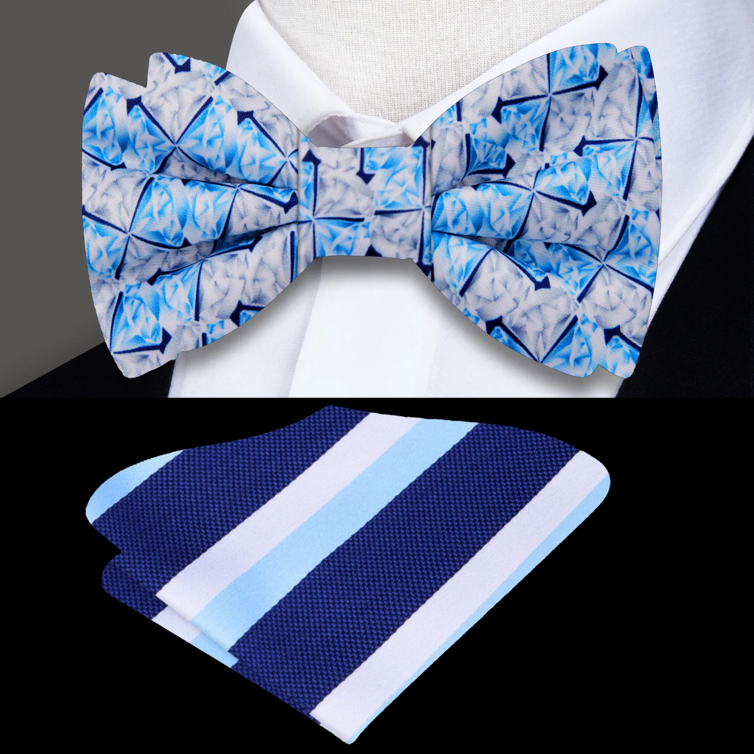 White Grey Blue Diamonds Geometric Bow Tie and Accenting Square