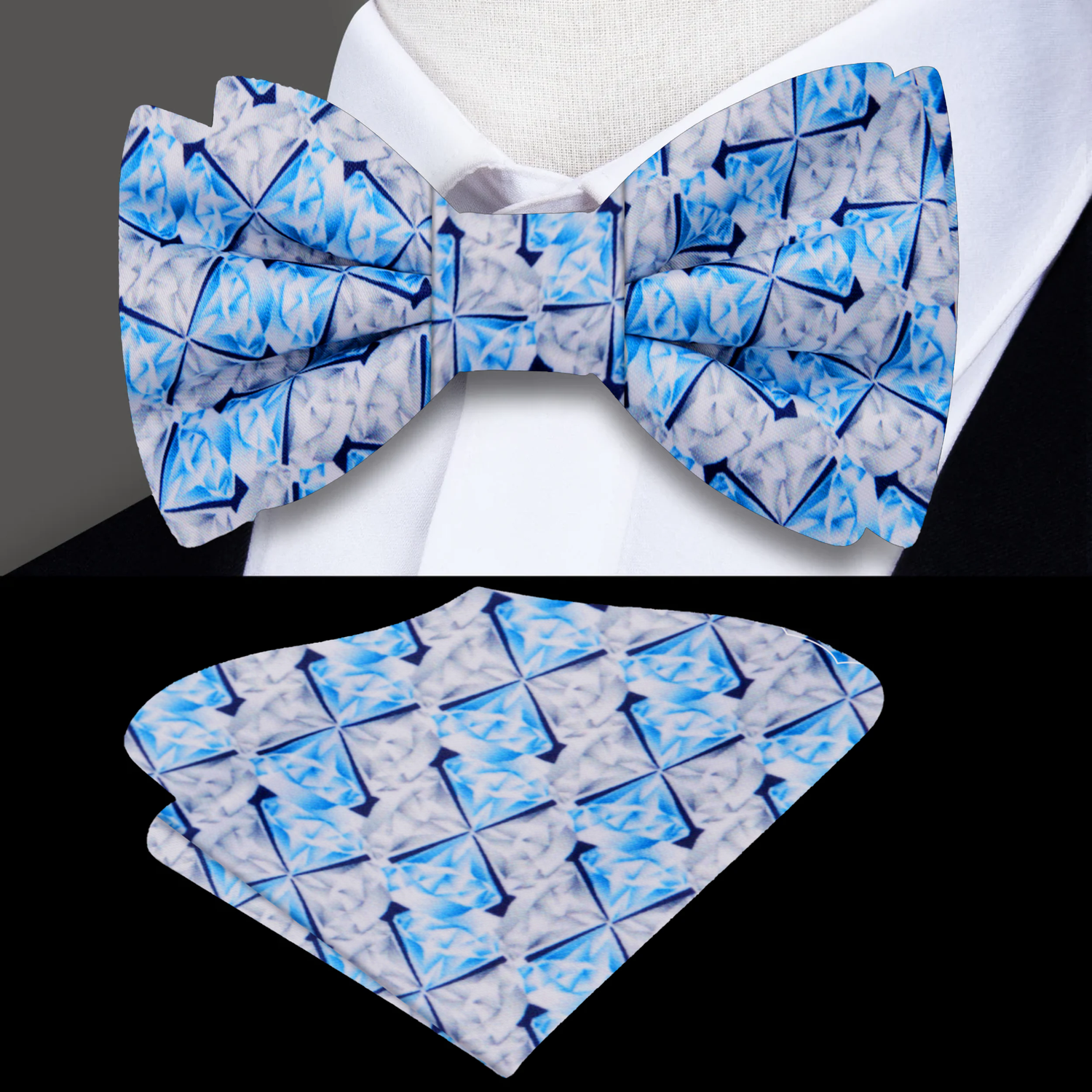White Grey Blue Diamonds Geometric Bow Tie and  Square