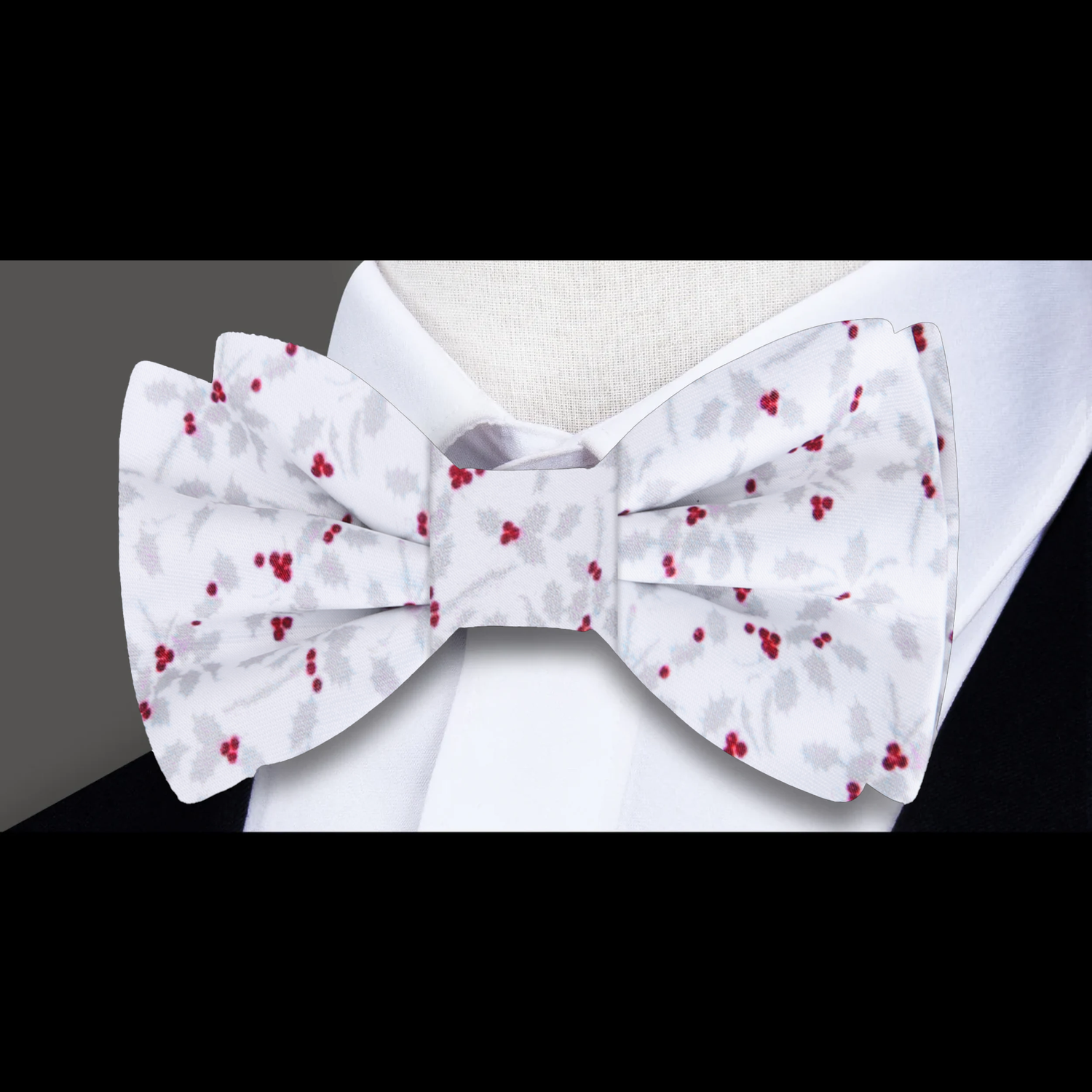 White, Red, Silver Holly Berries Bow Tie 