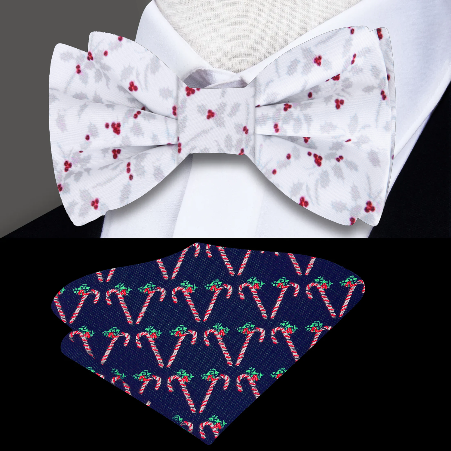 White, Red, Silver Holly Berries Bow Tie and Accenting Pocket Square