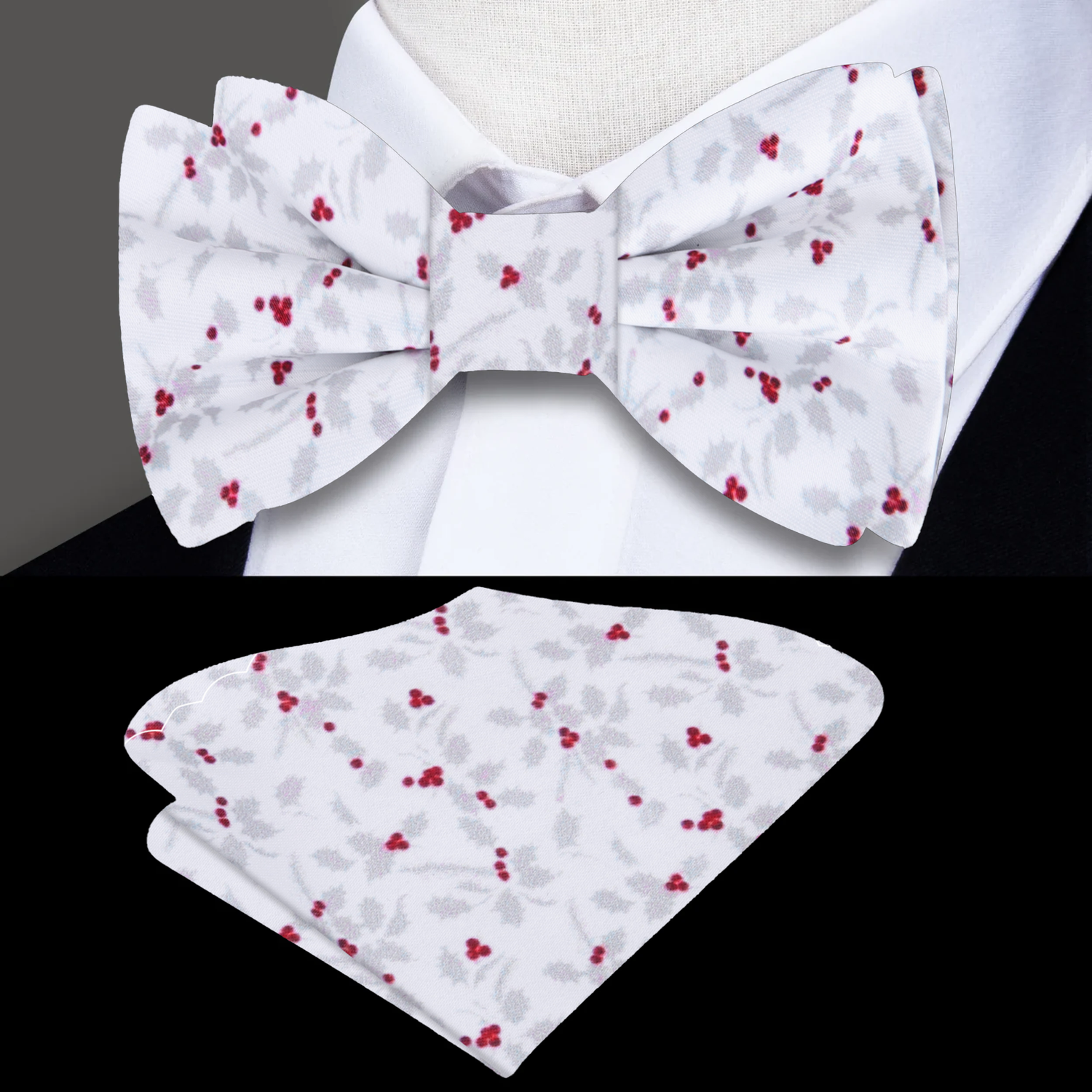 White, Red, Silver Holly Berries Bow Tie and Pocket Square
