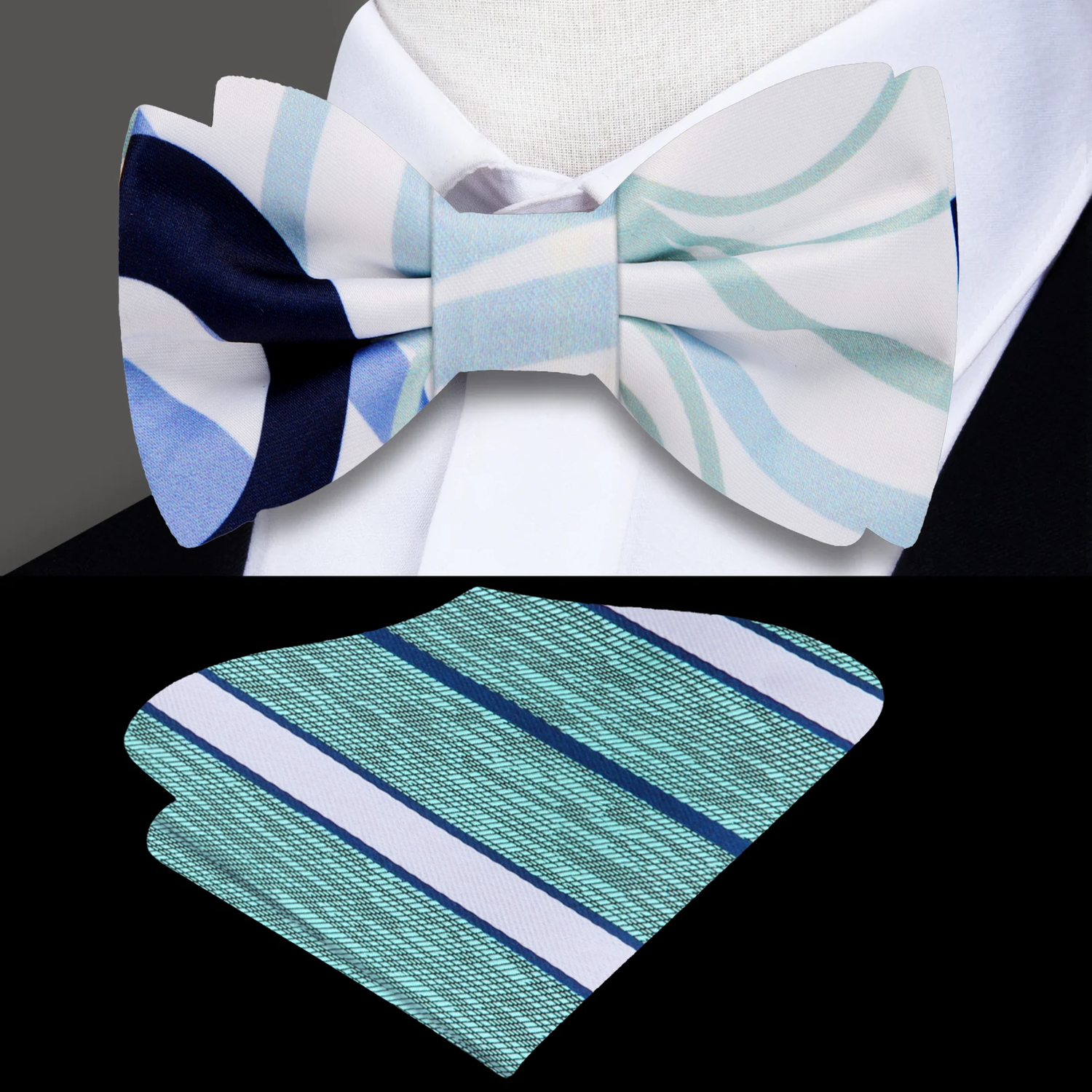 A Light Bone, Black, Pale Cactus, Steel Blue Color Abstract Circle Pattern Bow Tie, Accenting Pocket Square