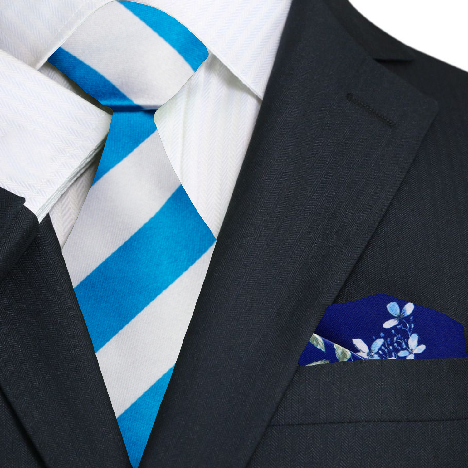 White, Blue Block Stripe Necktie and Accenting Square