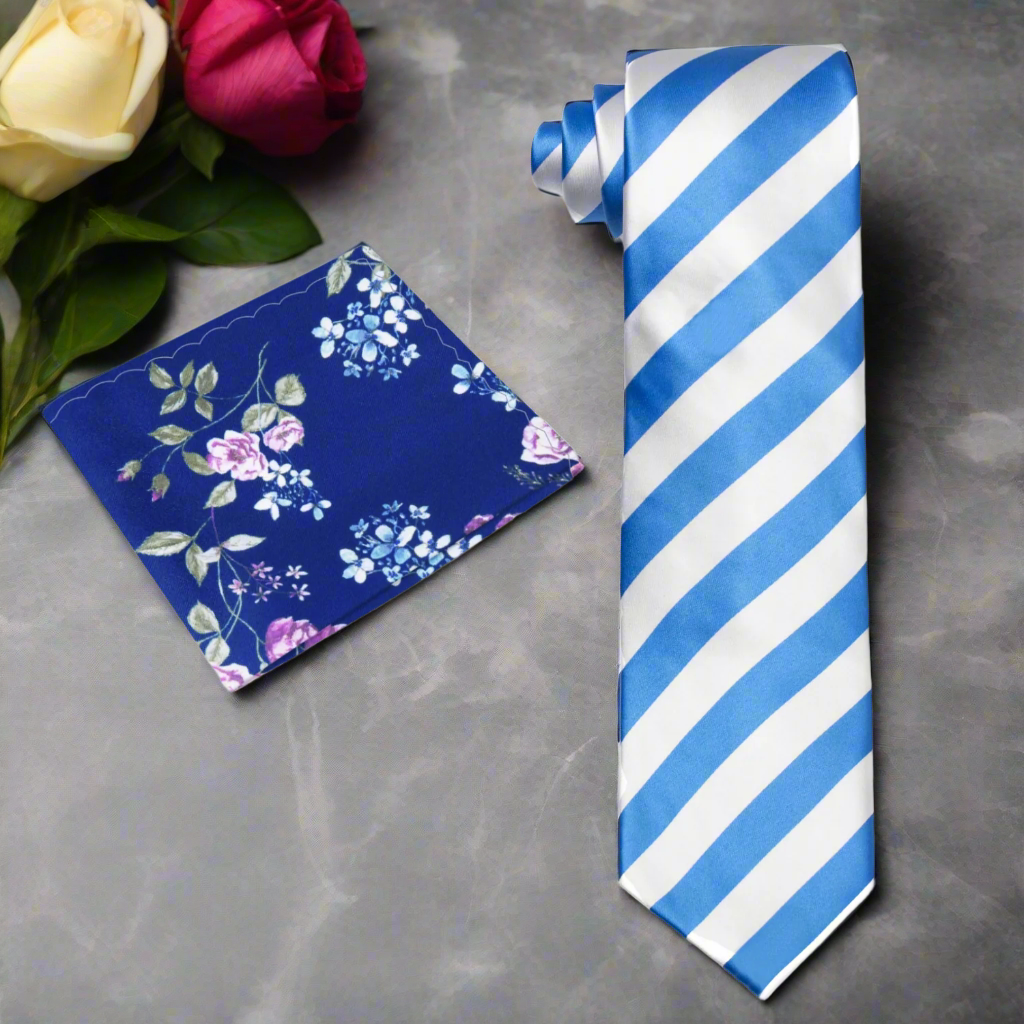 Alt White, Blue Block Stripe Necktie and Accenting Square