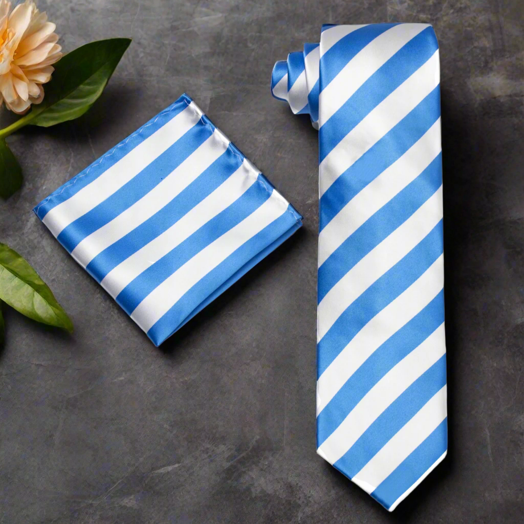 Alt White Light Blue Block Stripe Necktie and Square