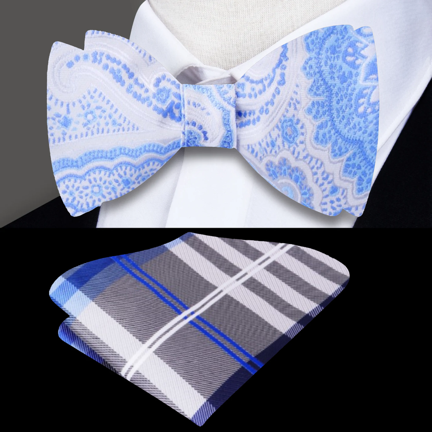 White, Light Blue Paisley Bow Tie with Grey, Blue, White Plaid Pocket Square