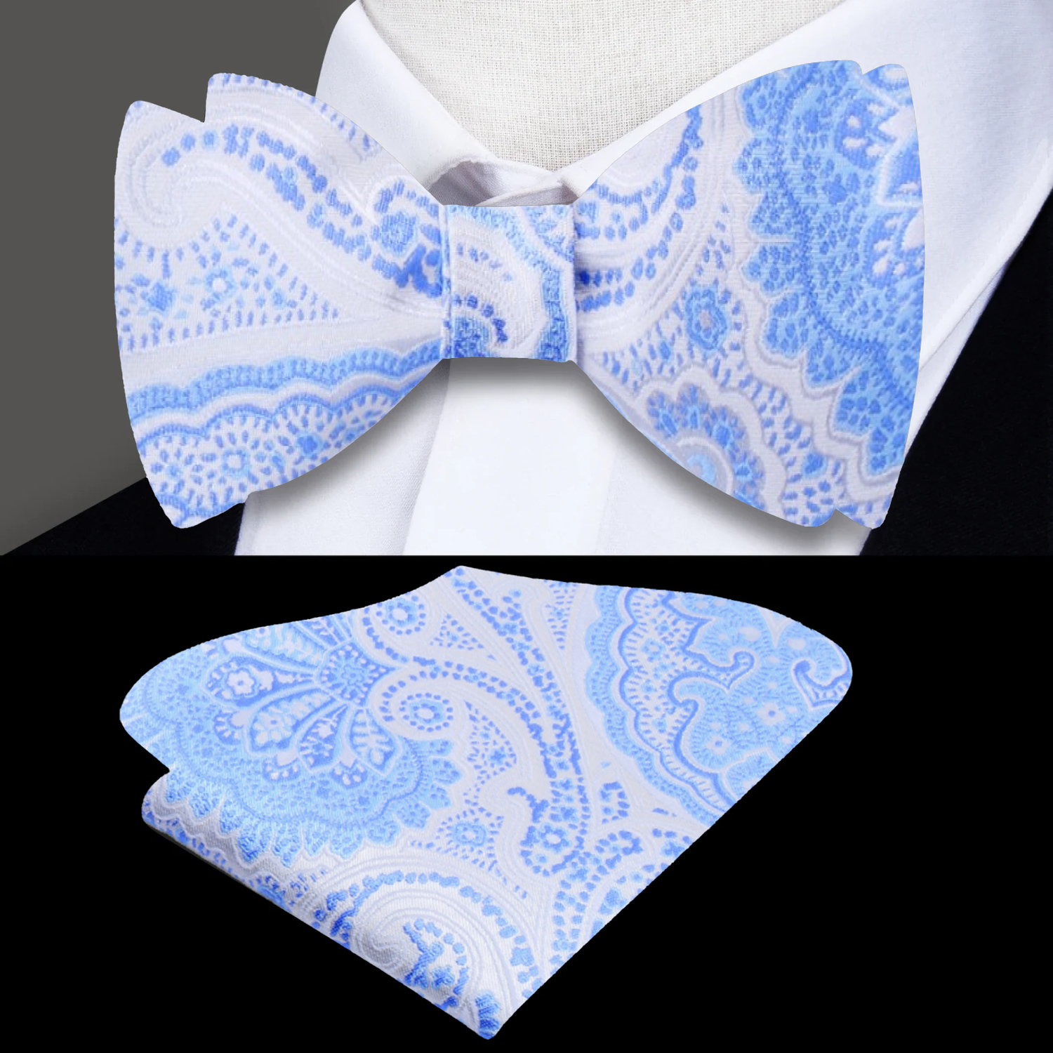White, Light Blue Paisley Bow Tie with Pocket Square