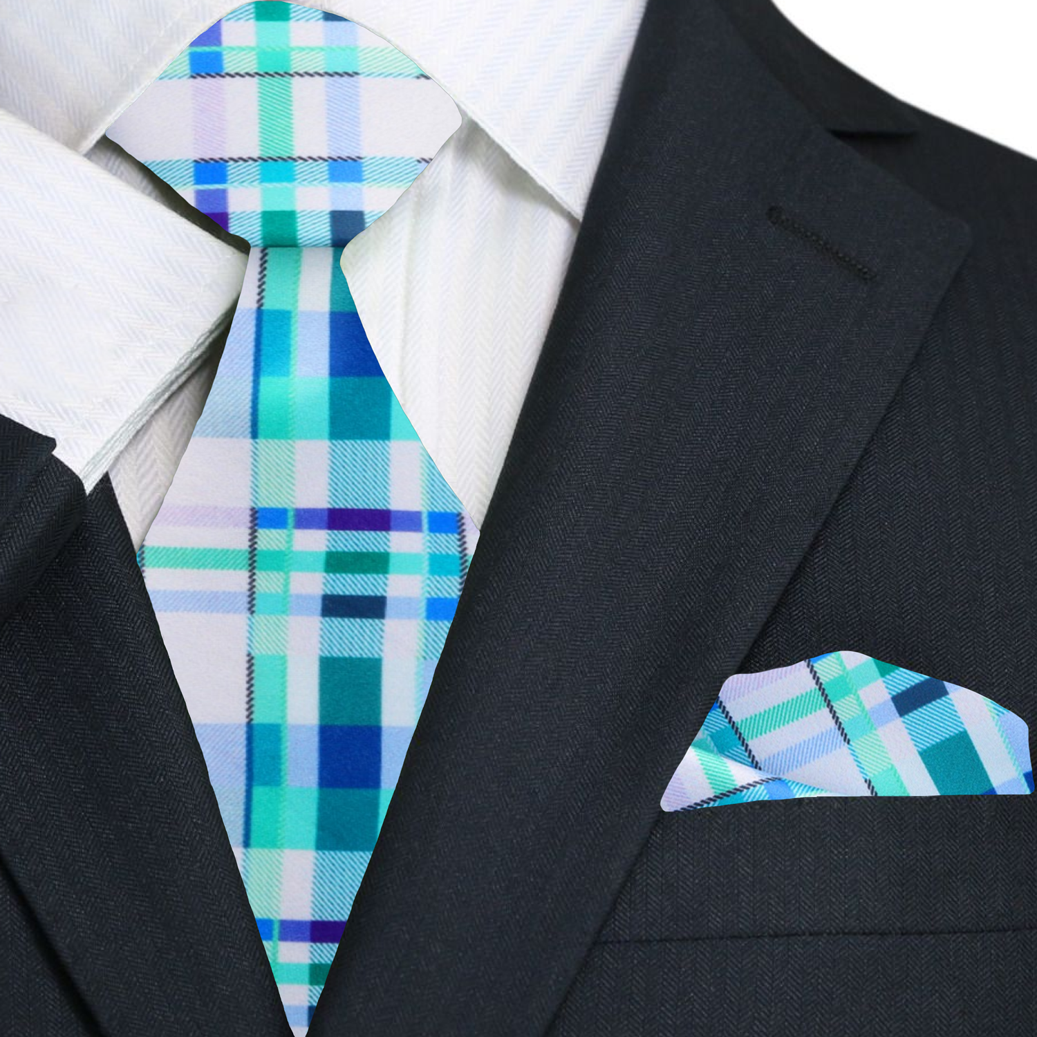 Premium White, Light Blue, Light Green Plaid Tie and Pocket Square