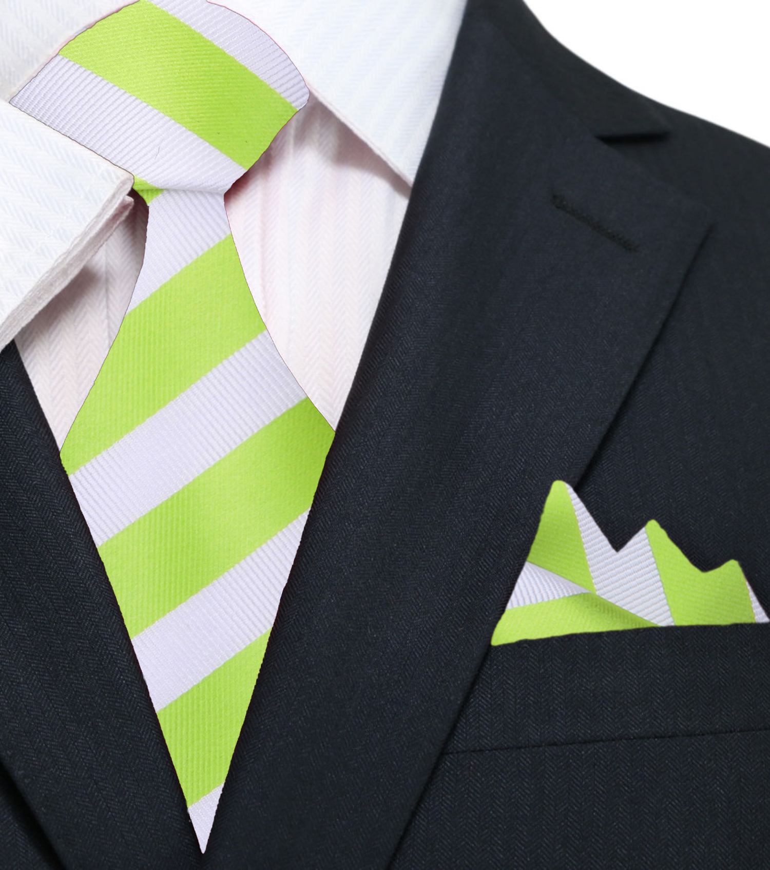A Lime Green, White Stripe Pattern Silk Necktie, Pocket Square