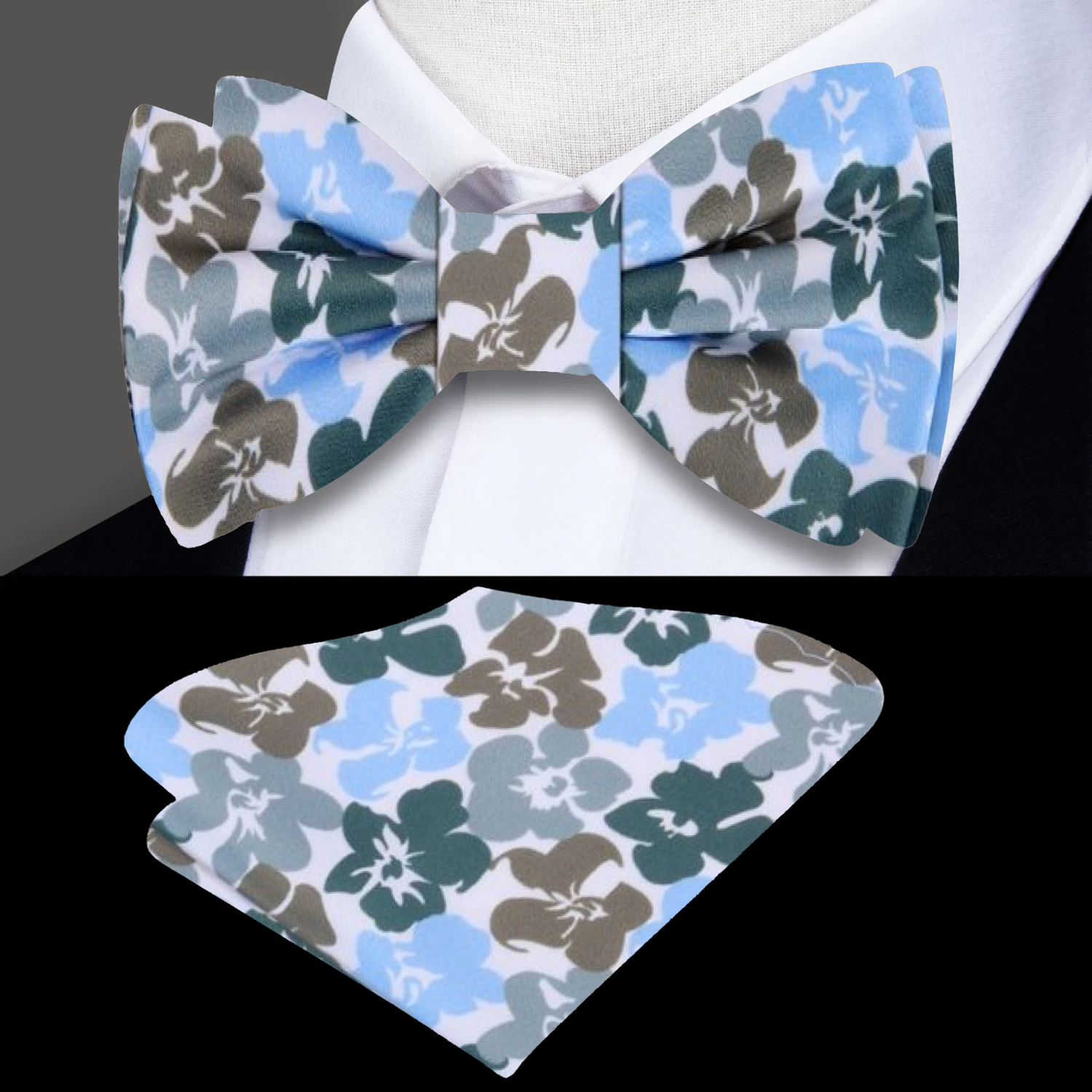 White Olive Light Blue Hibiscus Floral Bow Tie and Square