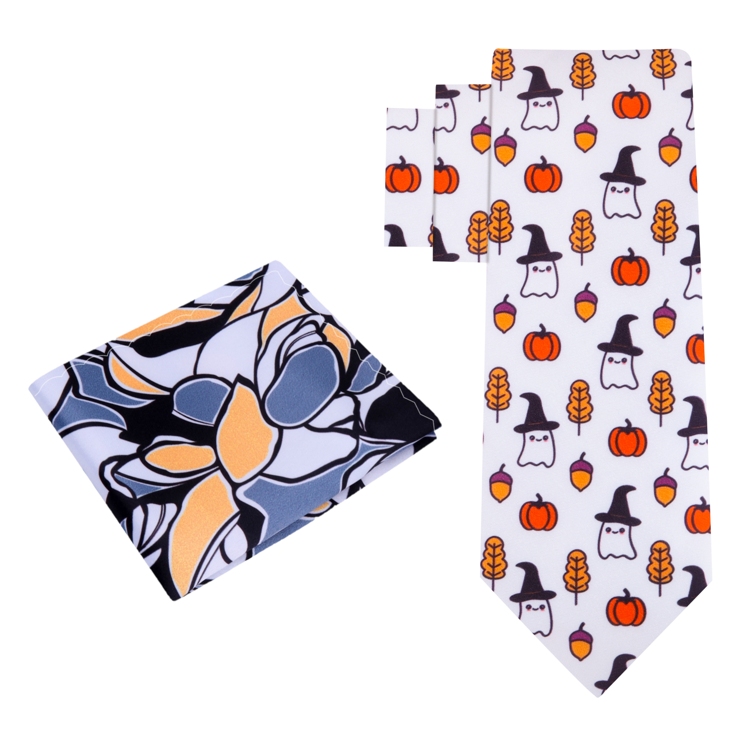 Alt White, Orange, Black Ghost/Witch, Pumpkin, Acorn, Fall Leaf Tie And Accenting Pocket Square