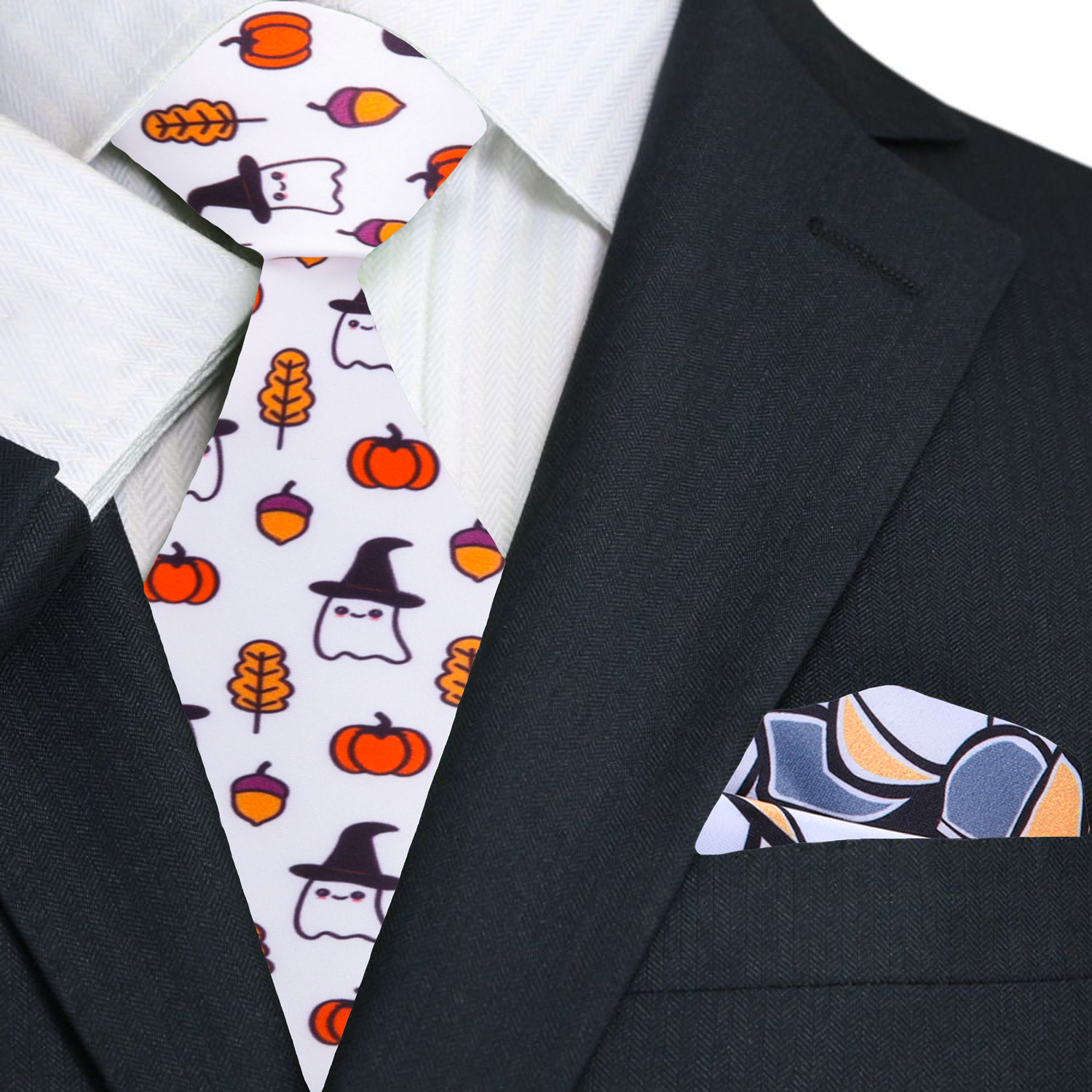 White, Orange, Black Ghost/Witch, Pumpkin, Acorn, Fall Leaf Tie And Accenting Pocket Square