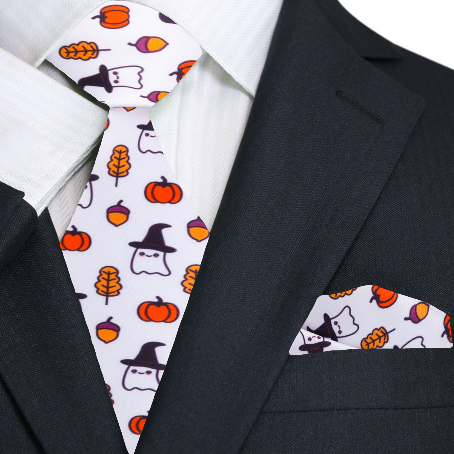 Premium White, Orange, Black Ghost/Witch, Pumpkin, Acorn, Fall Leaf Tie And Pocket Square