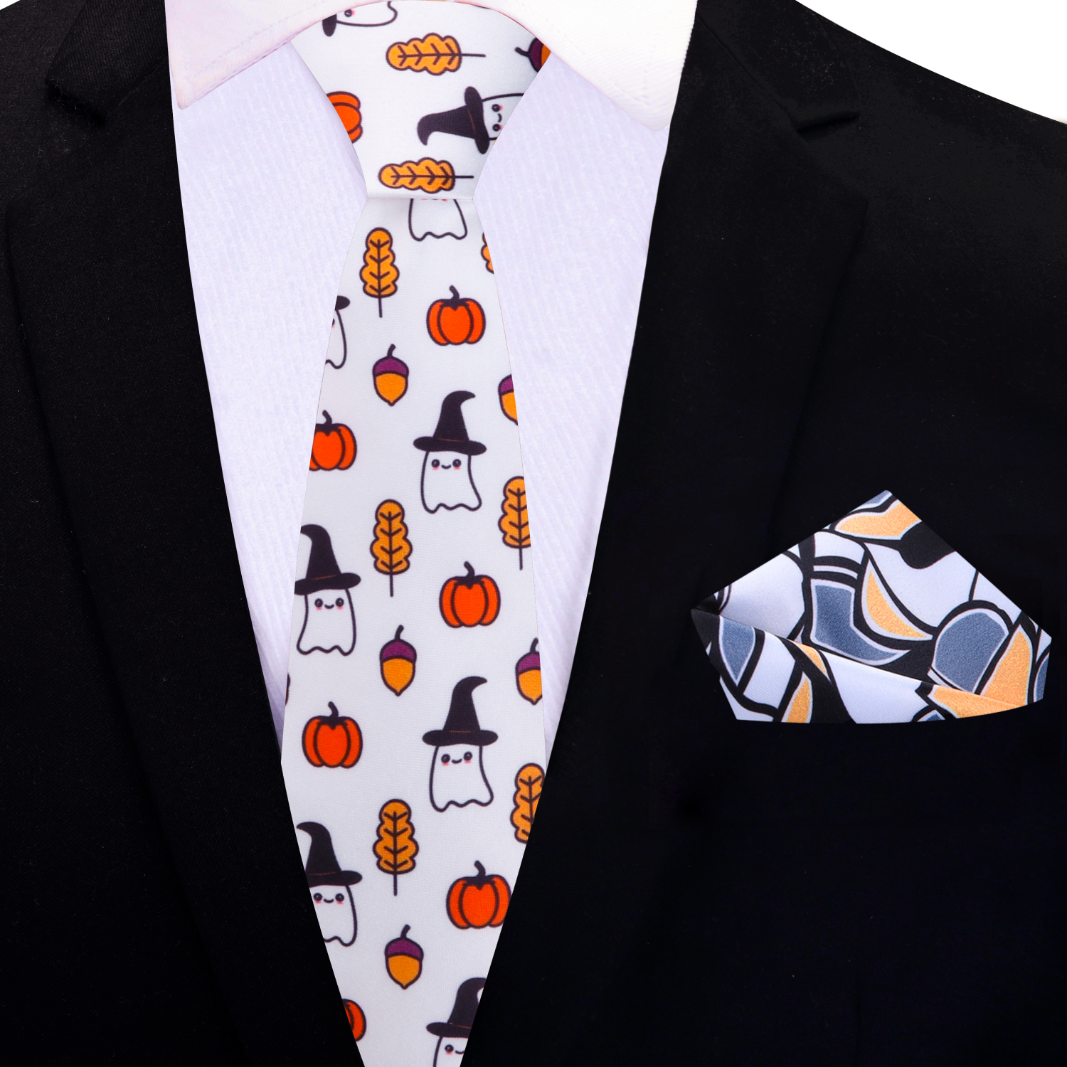 Thin White, Orange, Black Ghost/Witch, Pumpkin, Acorn, Fall Leaf Tie And Accenting Pocket Square