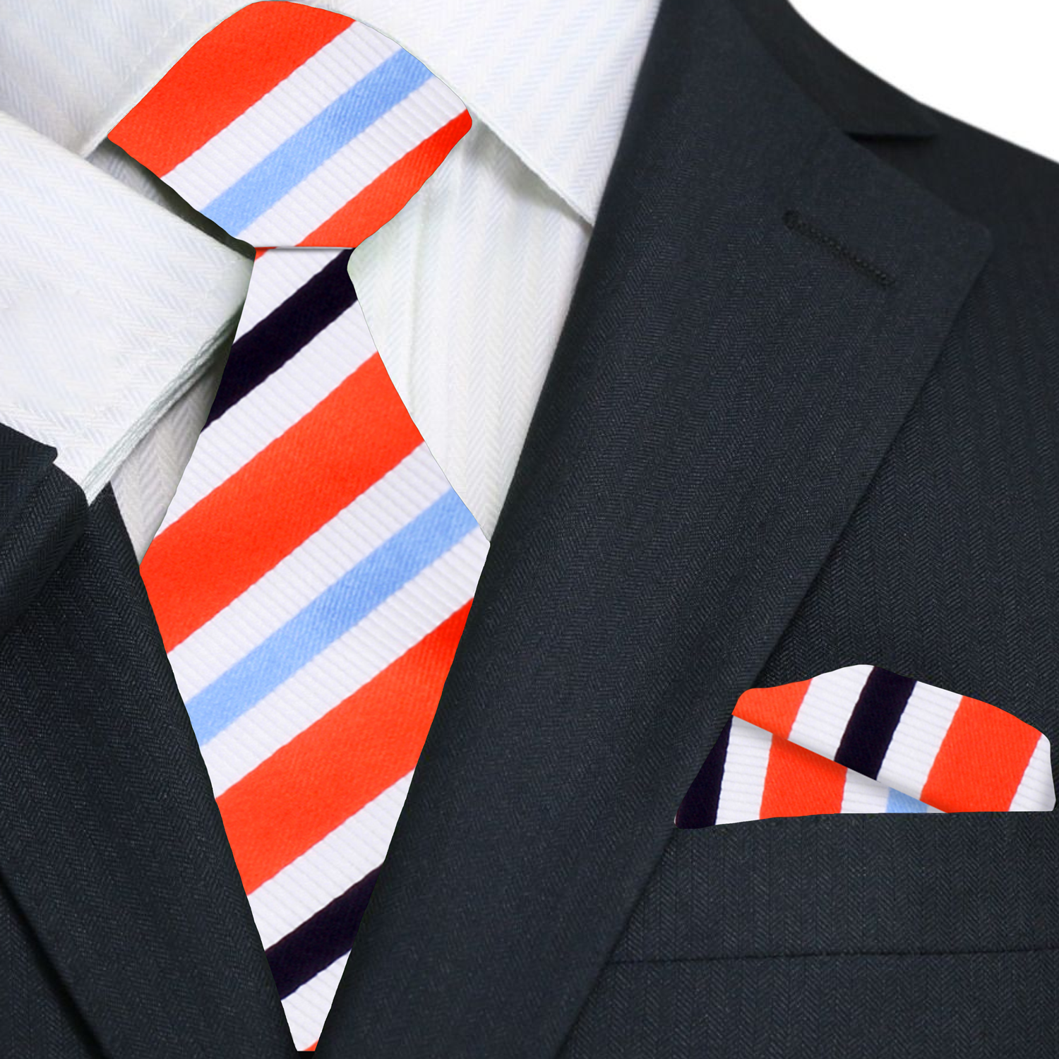 Main: A White, Black, Orange, Light Blue Stripe Necktie, Matching Pocket Square