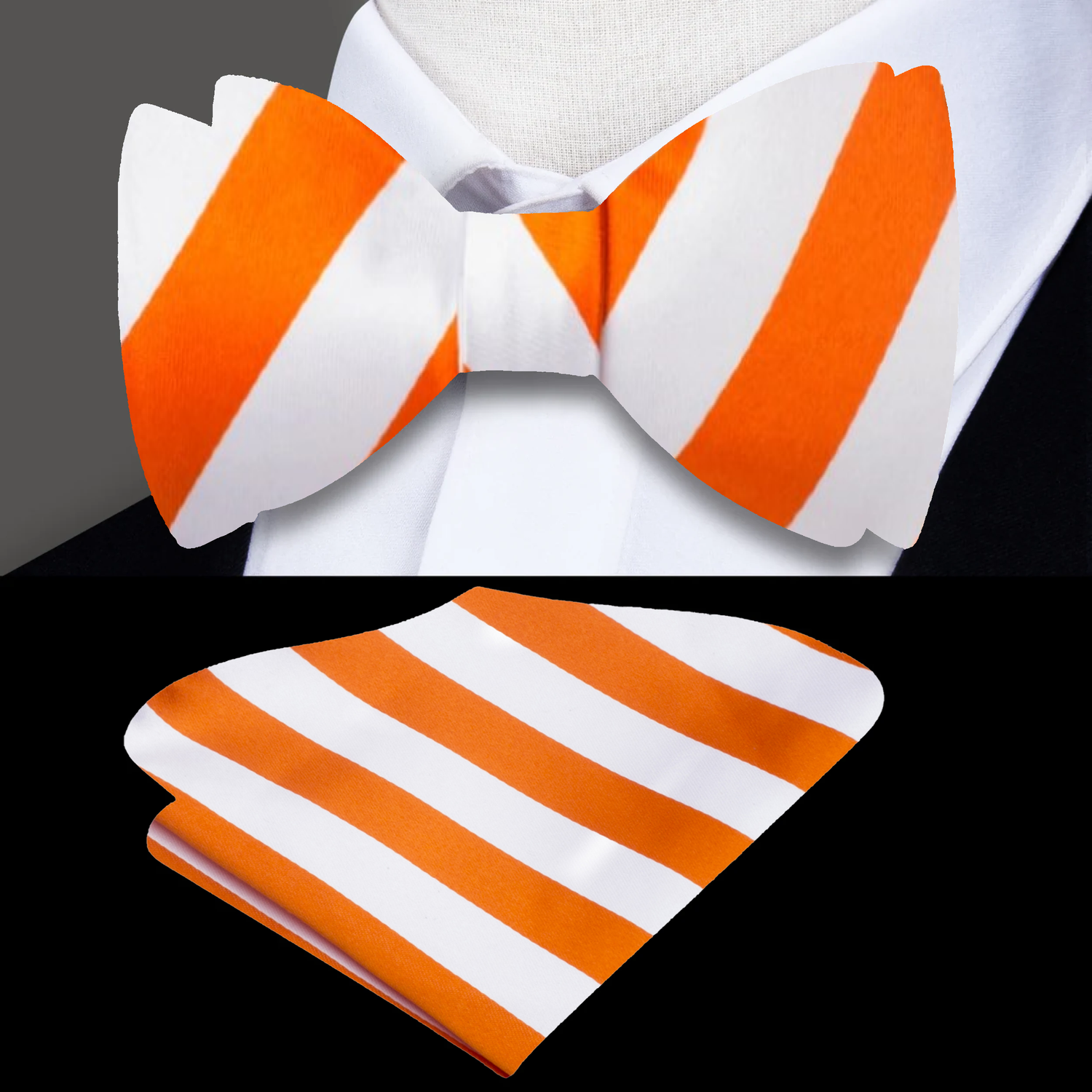 A Orange, White, Blue Stripe Pattern Silk Self Tie Bow Tie, Matching Pocket Square