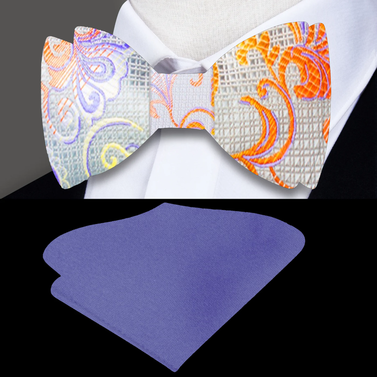 White, Purple, Orange Floral Bow tie and Purple Square