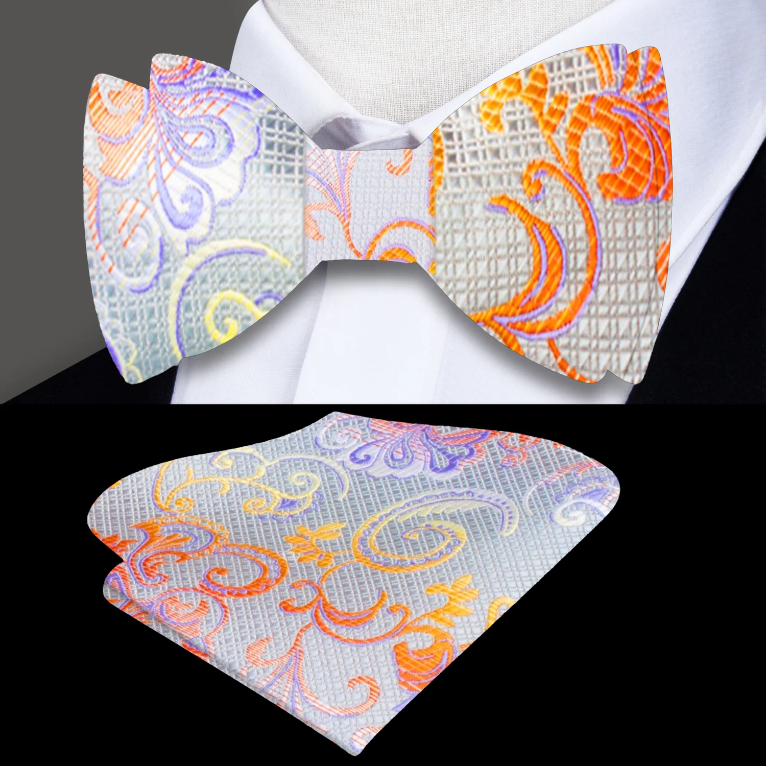 White, Purple, Orange Floral Bow tie and Matching Square