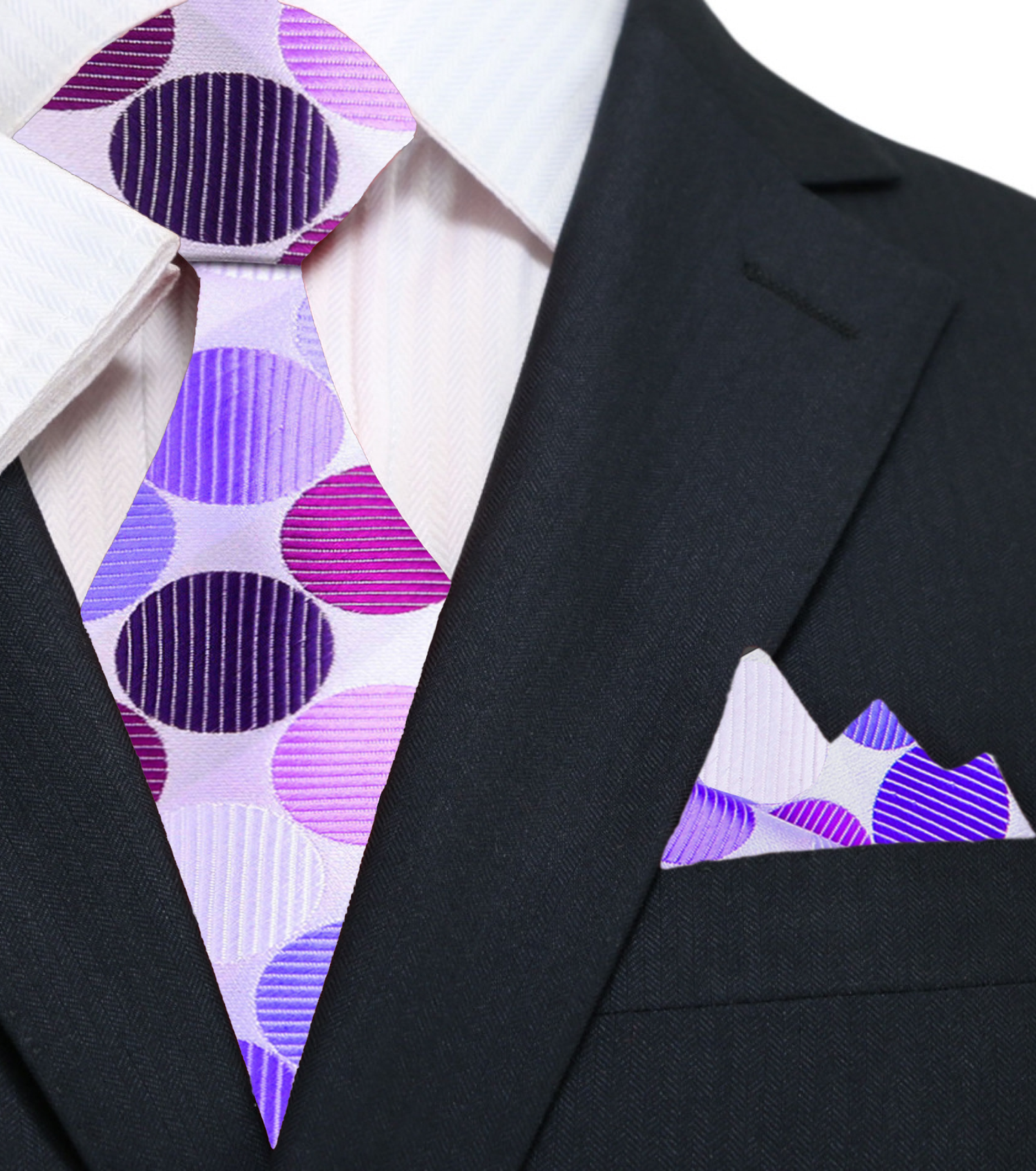 Main: A White, Dark Purple, Purple Large Polka Dot Pattern Silk Necktie With Matching Pocket Square||White, Dark Purple, Light Purple