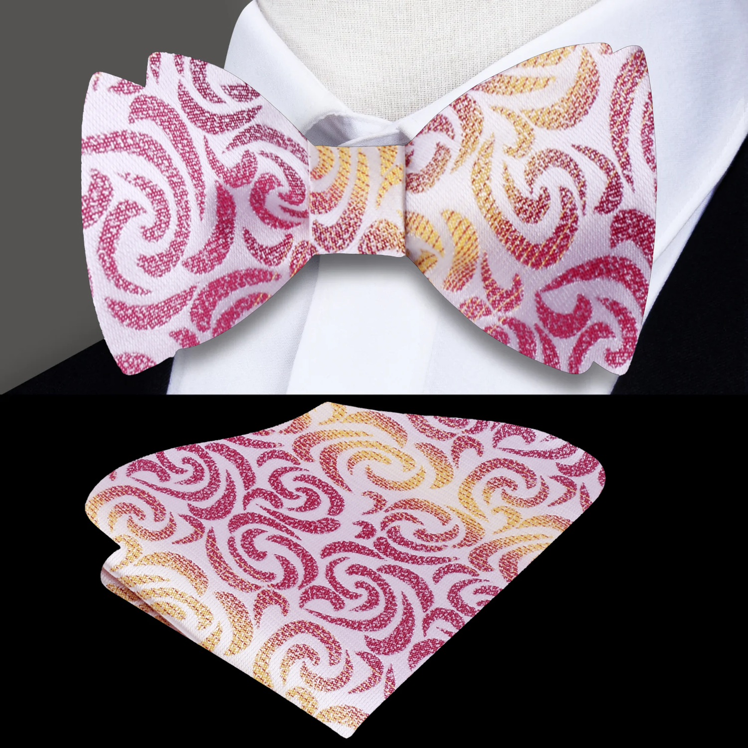 A Pink, Yellow Abstract Wavy Lines Silk Self Tie Bow Tie, Matching Pocket Square