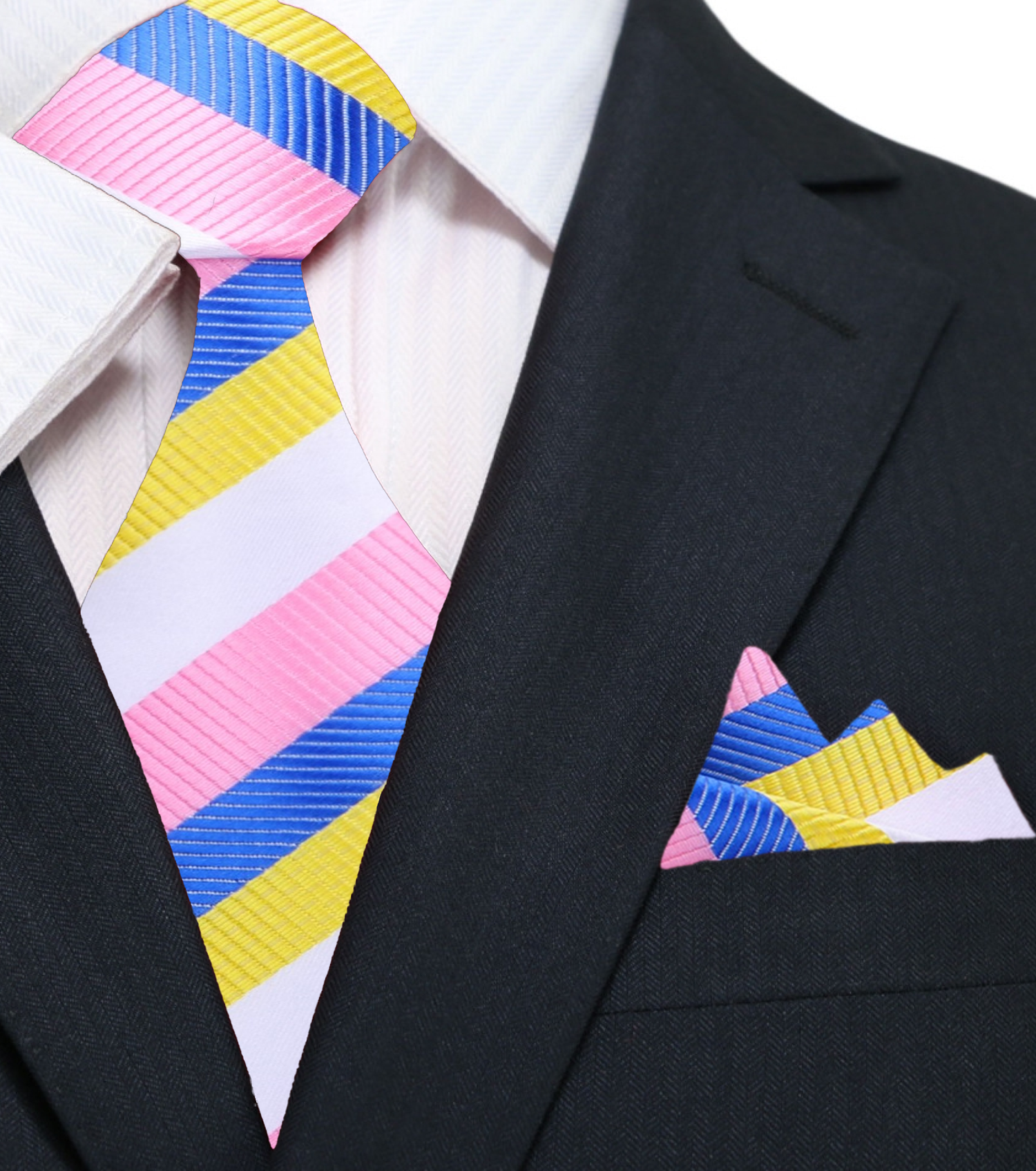 A White, Light Blue, Yellow, Pink Stripe Pattern Silk Necktie, Matching Pocket Square