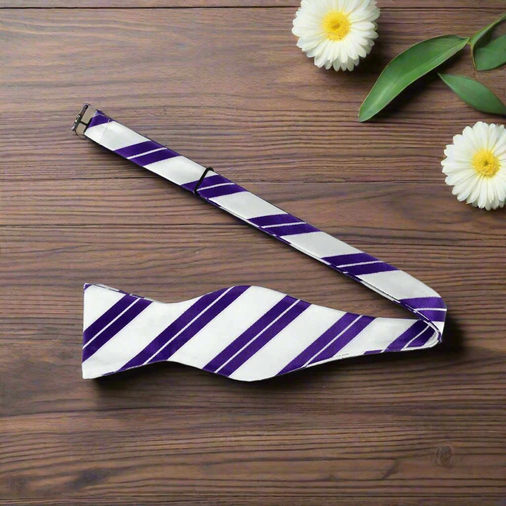 White, Purple Stripe Self Tie Bow Tie