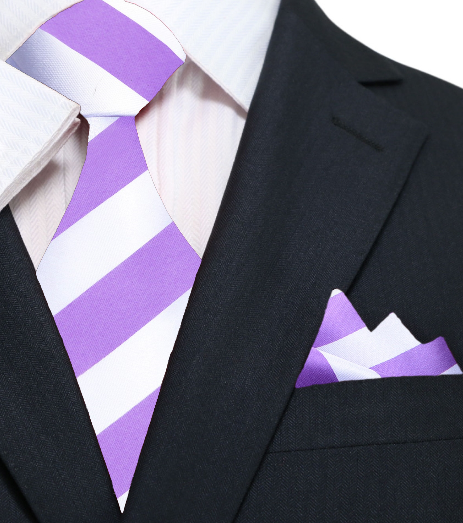  A Light Purple, White Stripe Pattern Silk Necktie, Pocket Square
