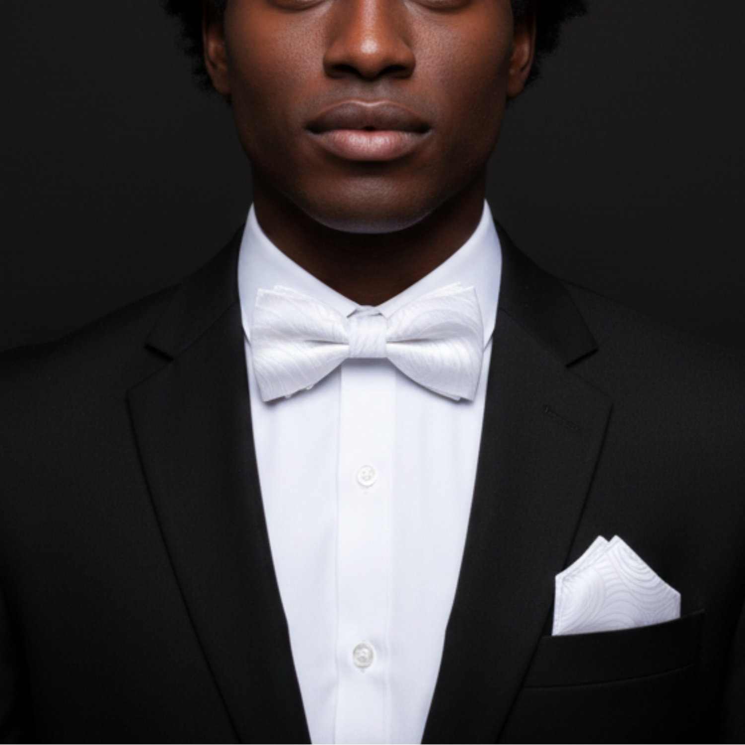 Man wearing a black tuxedo with a white bow tie and pocket square on a dark background