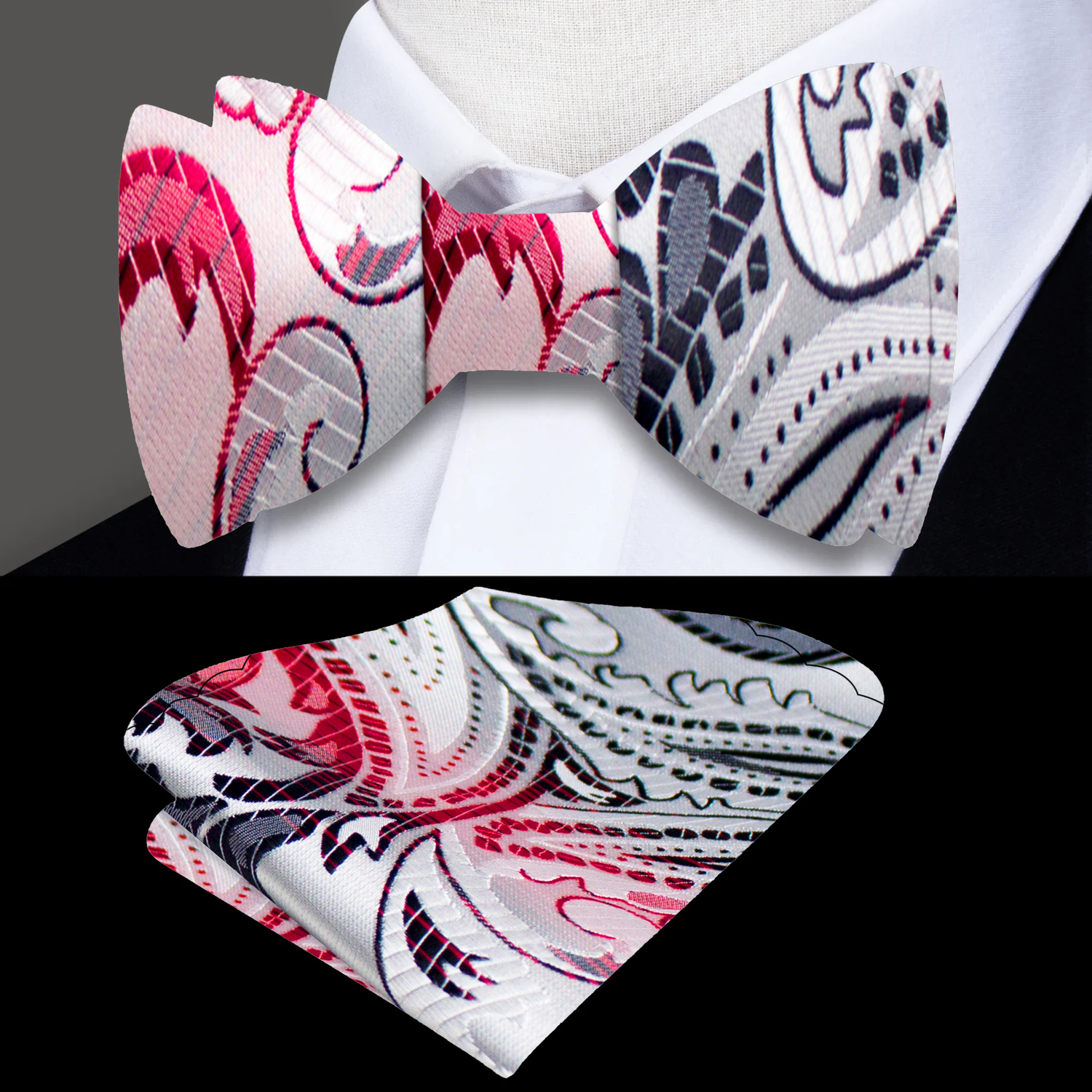 Main: White, Red Black Paisley Bow Tie and Pocket Square