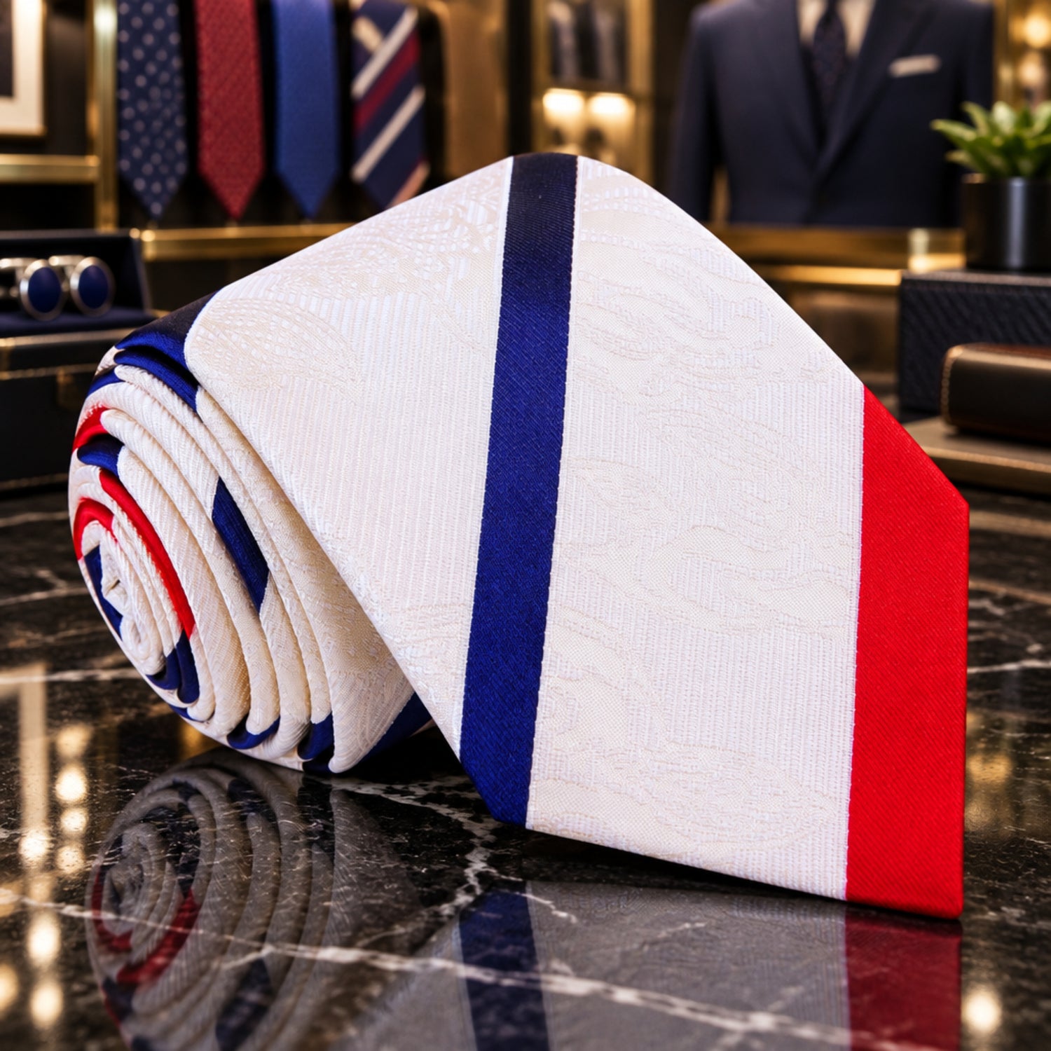 Red Ivory Blue Stripe Tie 
