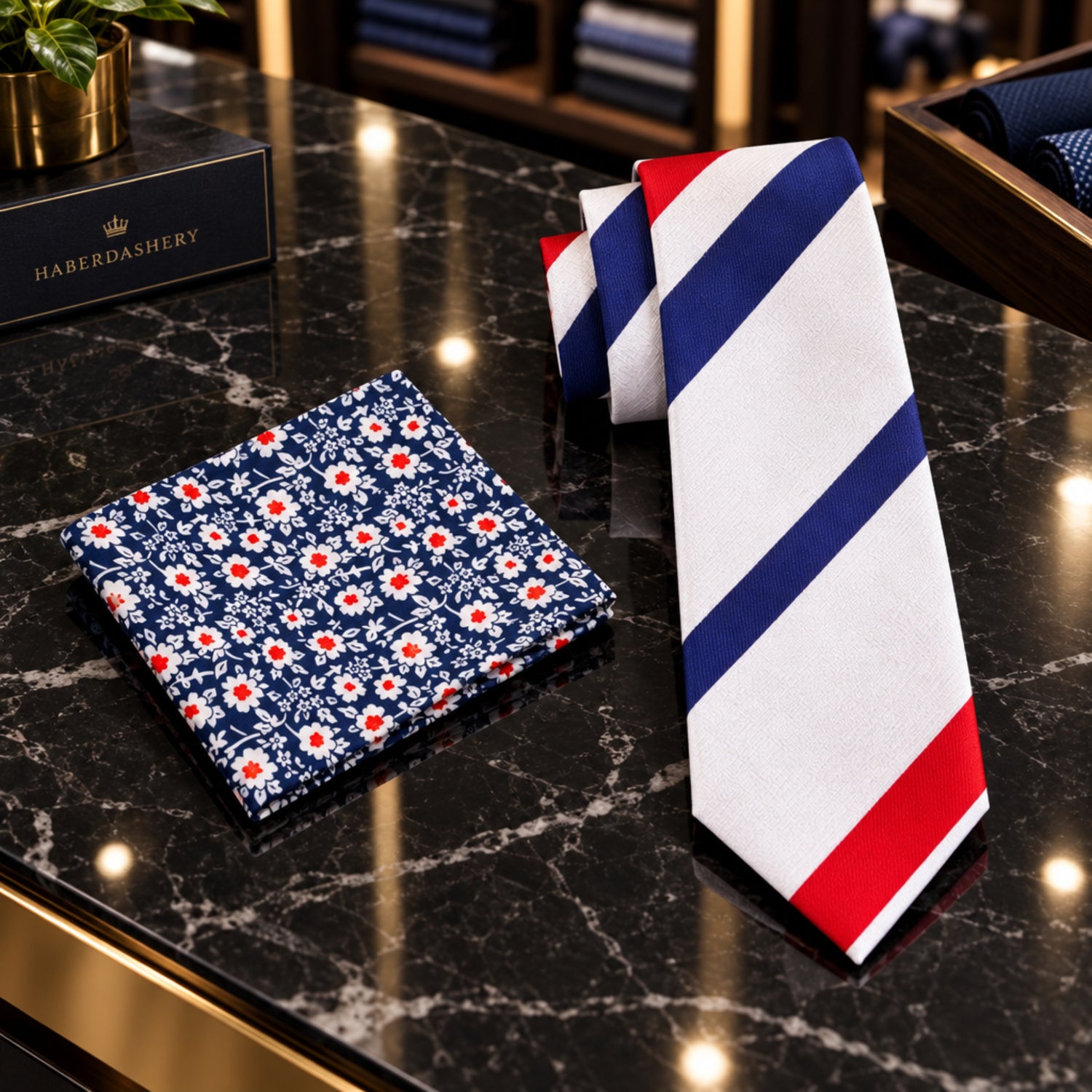Red Ivory Blue Stripe Tie   and accenting square