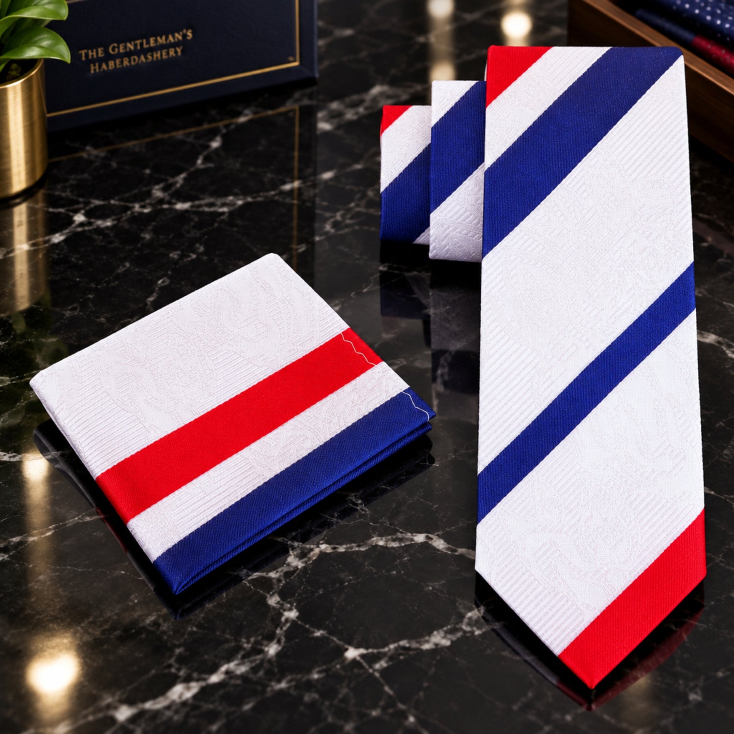 Red Ivory Blue Stripe Tie and square